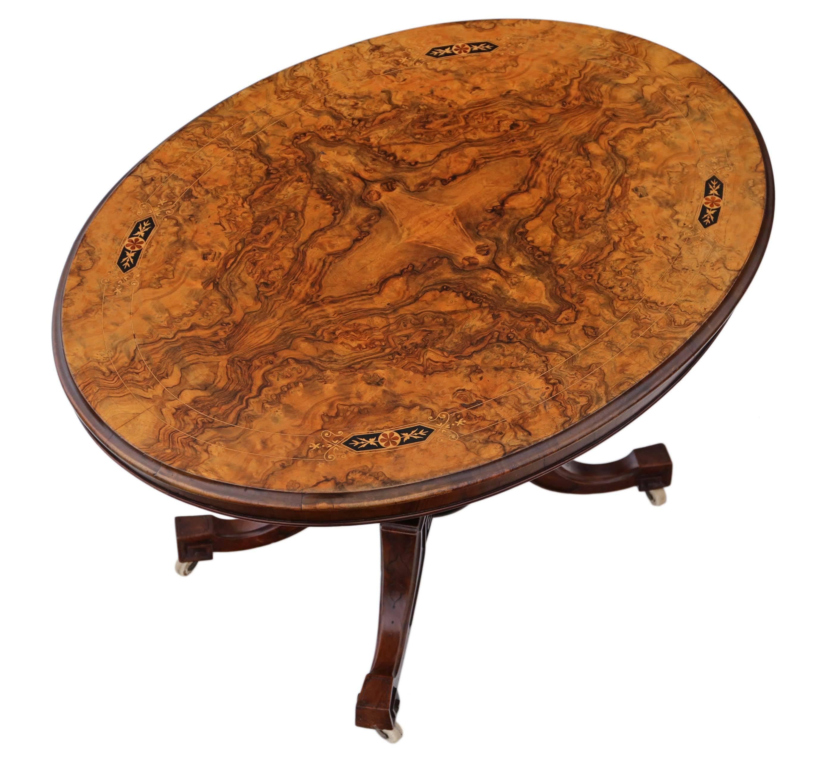Antique Victorian Aesthetic Burr Walnut Oval Loo Breakfast Table Tilt-Top For Sale 1