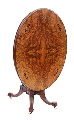 Antique Victorian Aesthetic Burr Walnut Oval Loo Breakfast Table Tilt-Top