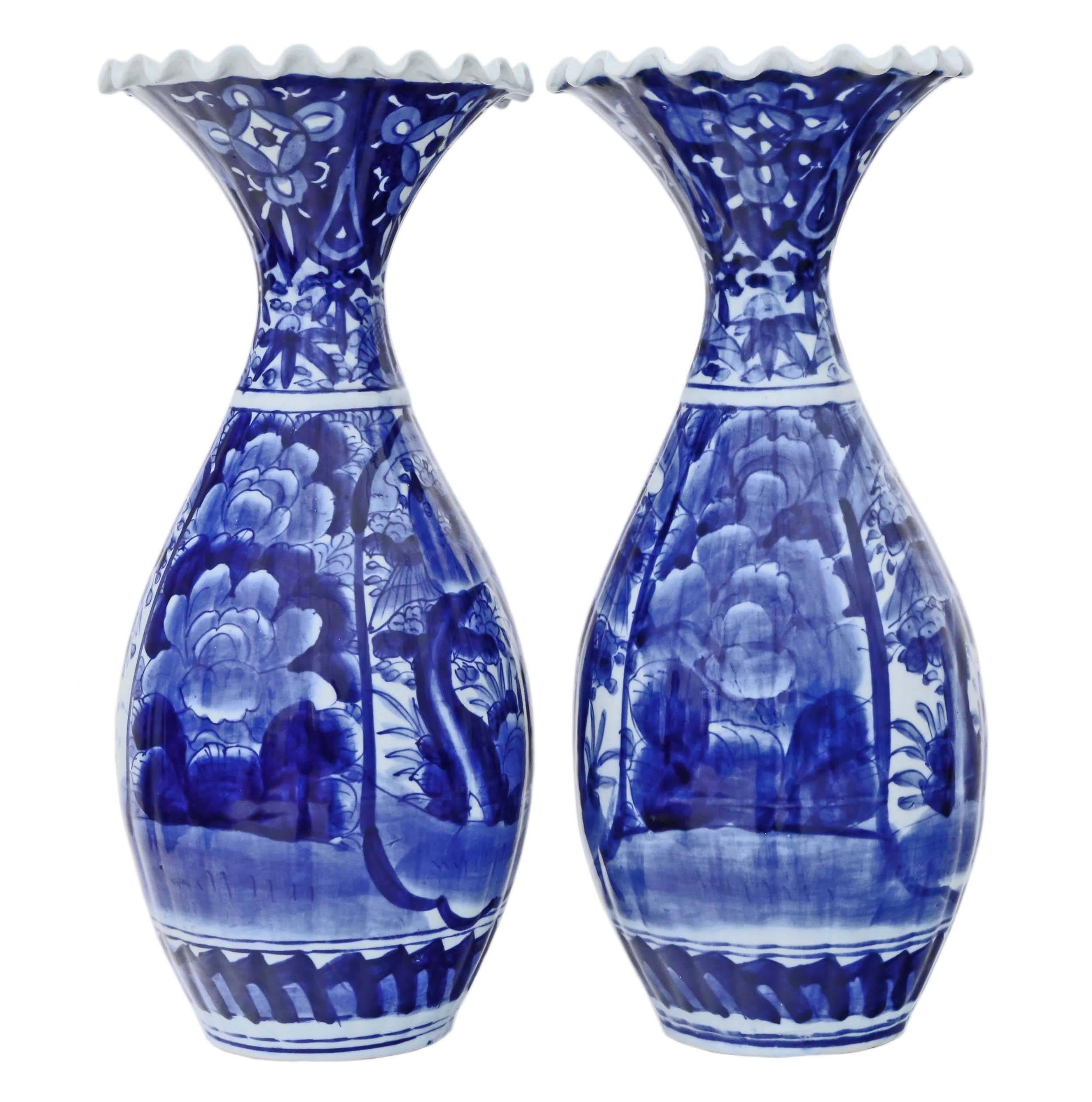 Early 20th Century Antique Large Pair of Japanese Meiji circa 1910 Blue and White Vases For Sale