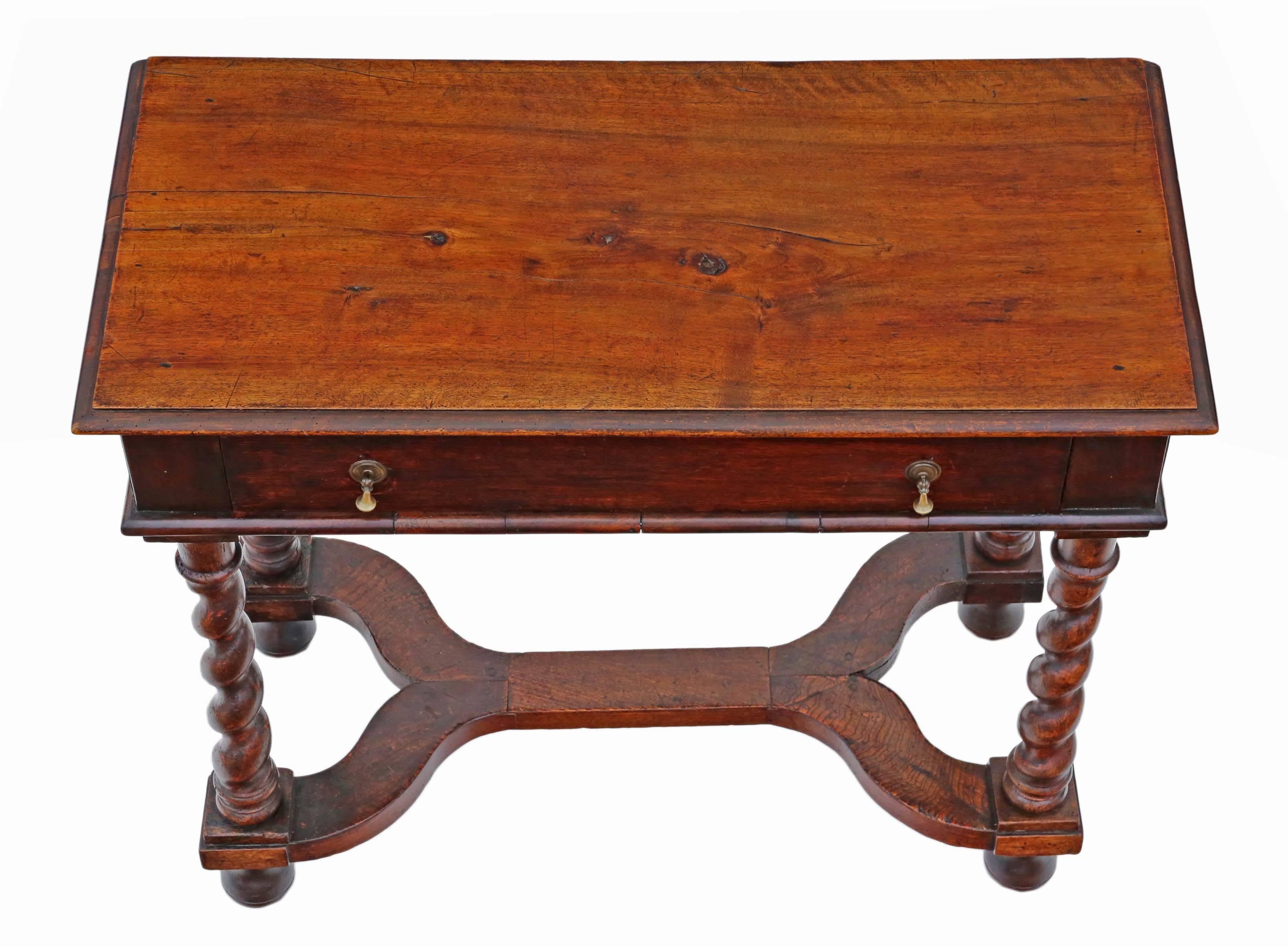 Antique Georgian walnut and fruitwood desk writing side table dating from circa 1780. A rare find, with a fantastic X stretcher base and twist legs.

No loose joints. Full of age, character and charm. The oak lined drawer slides freely.

Would
