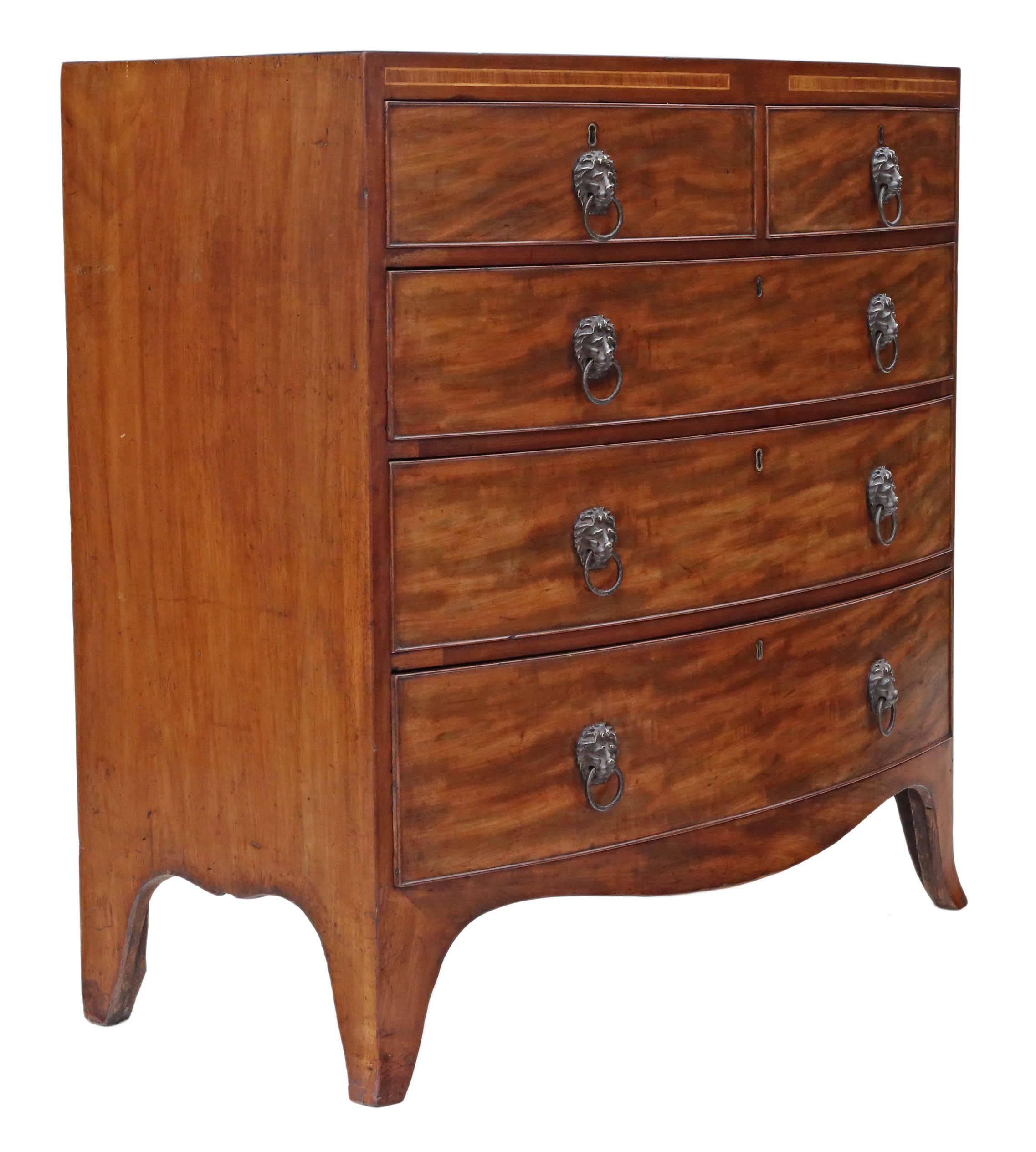 Early 19th Century Antique Quality Regency Bow Front Flame Mahogany Chest of Drawers, circa 1820