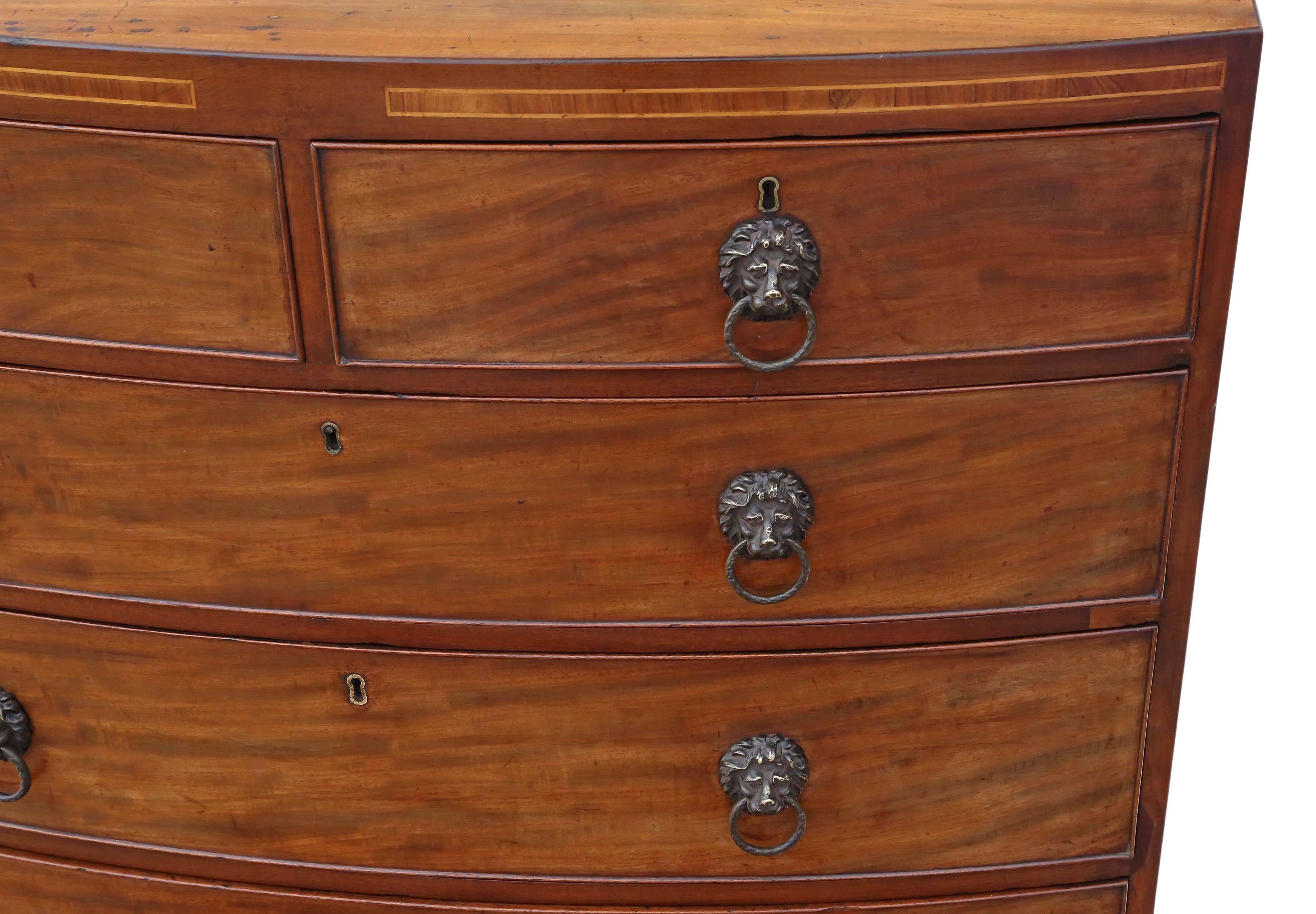 British Antique Quality Regency Bow Front Flame Mahogany Chest of Drawers, circa 1820