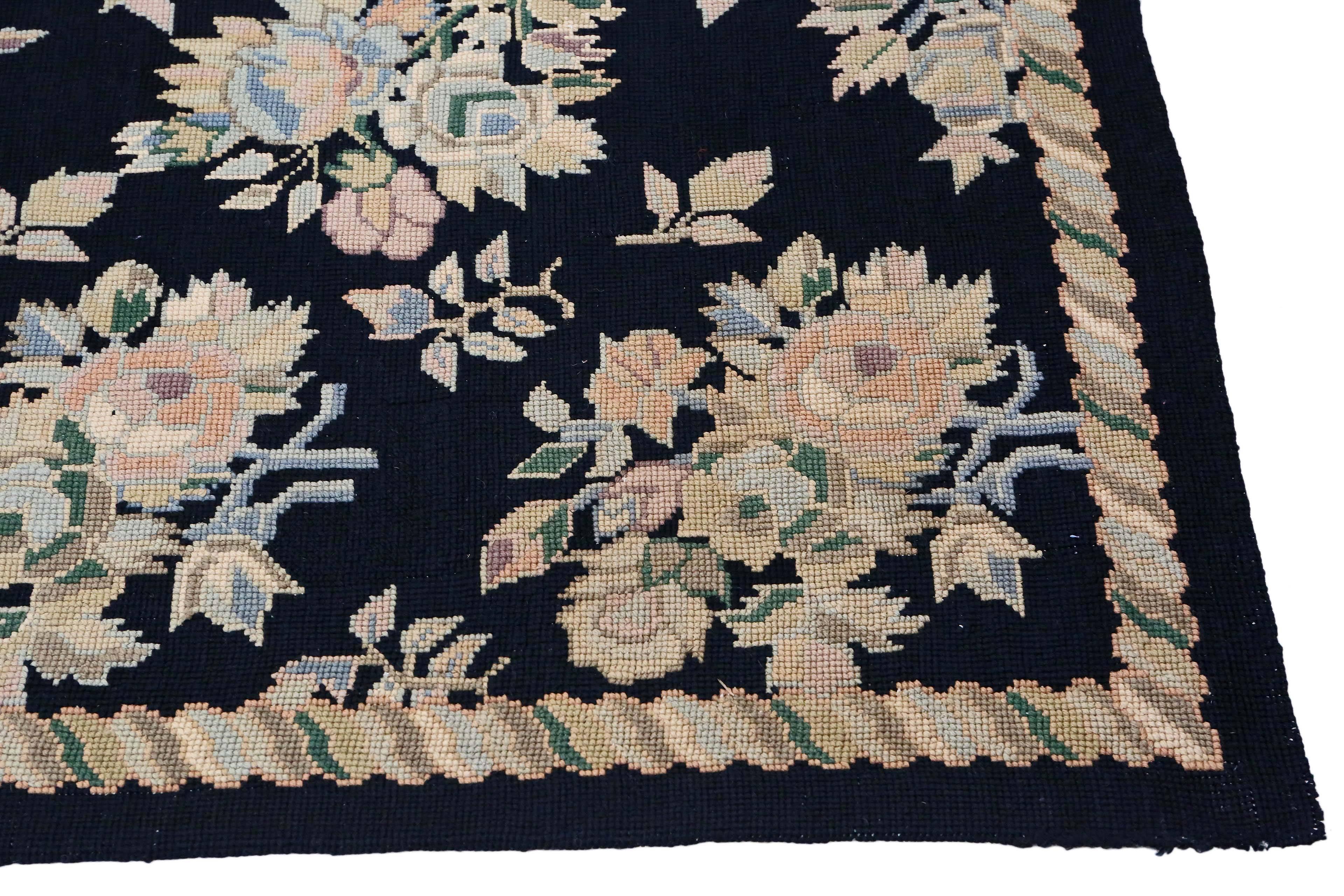 Antique large quality William Morris Style needlepoint rug carpet. Measures: 8'6