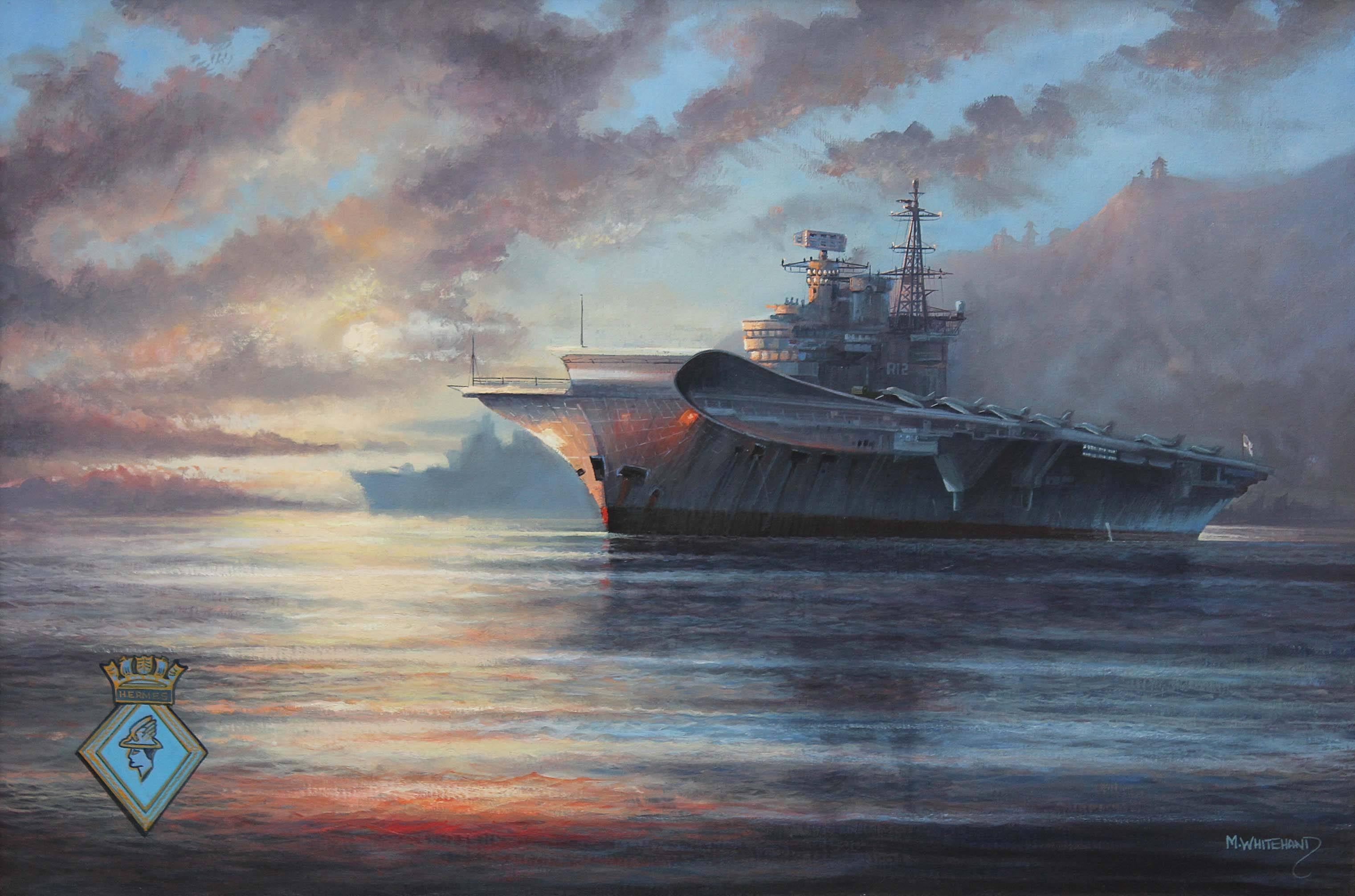 Quality large oil painting Michael James Whitehand of the British HMS Hermes aircraft carrier shortly after the Falklands War.
This is a fantastic painting with a great atmosphere and use of light.

Similar sized paintings by this artist have