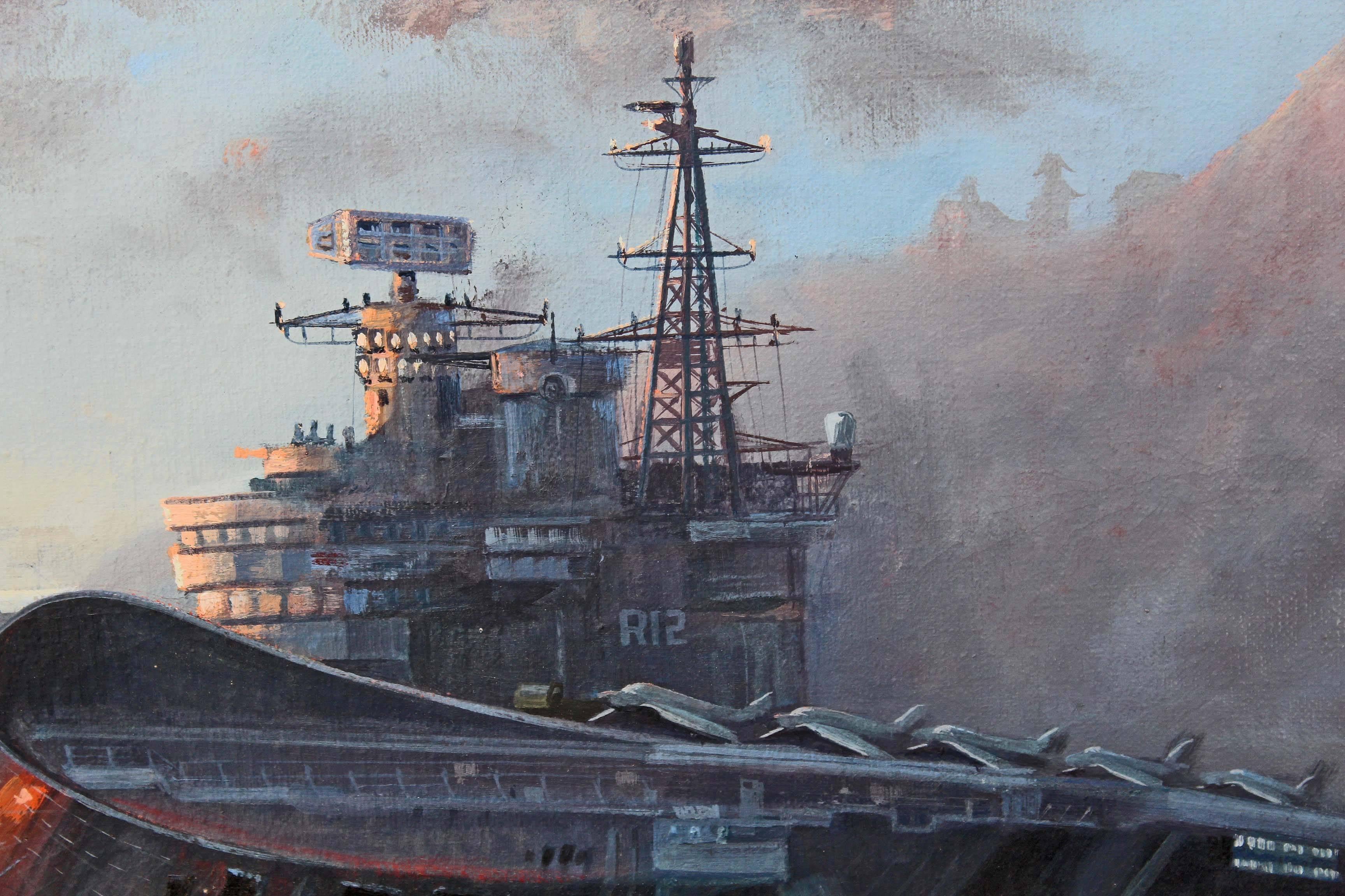 Quality Large Oil Painting M J Whitehand HMS Hermes Aircraft Carrier Naval For Sale 3