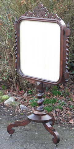 Antique Quality Victorian Rosewood Silk Glass Fire Screen