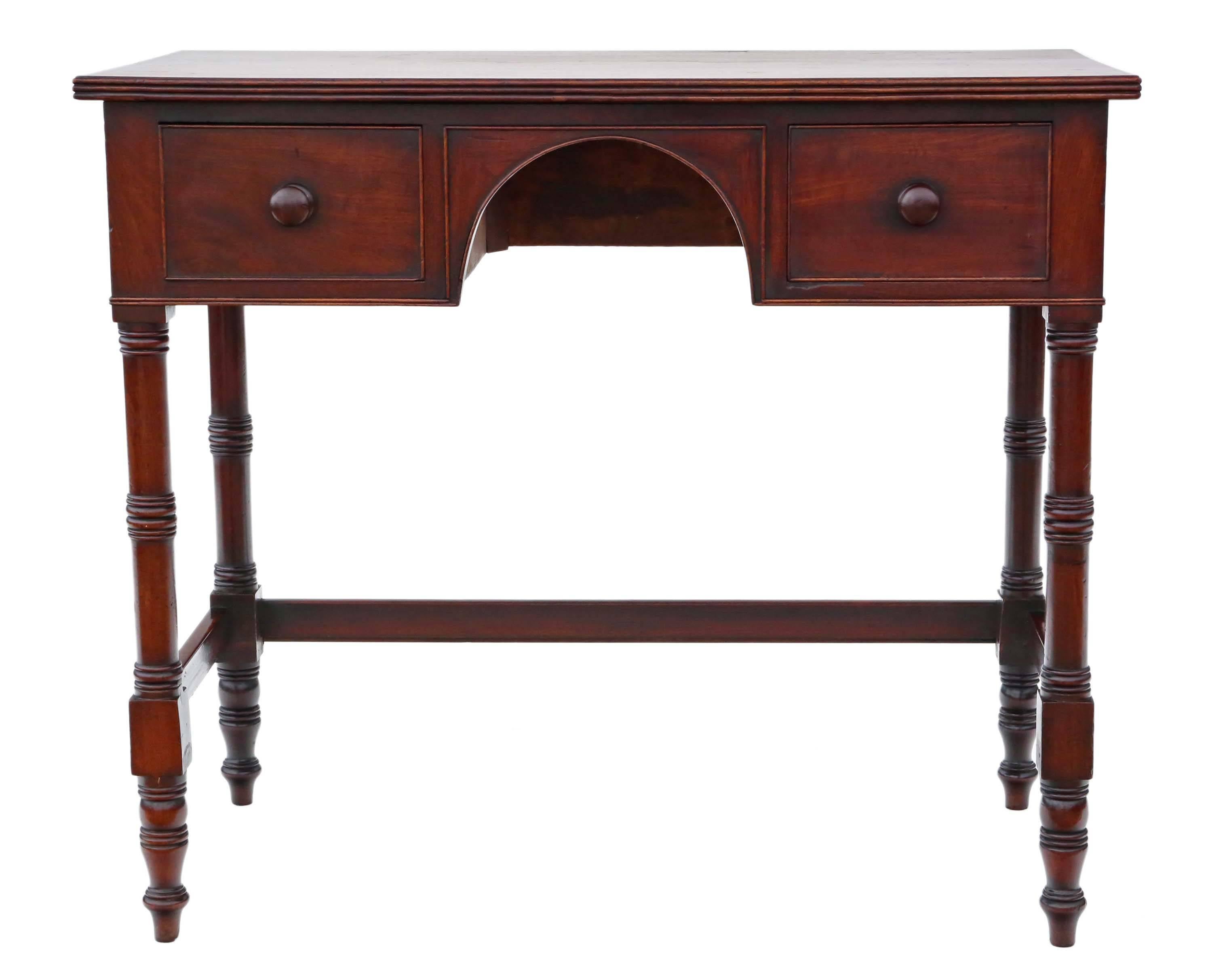 Antique Regency circa 1825 and later mahogany desk or writing table.

No loose joints and no woodworm. Full of age, character and charm. The oak lined drawers slide freely.

Would look great in the right location!

Overall maximum dimensions:
