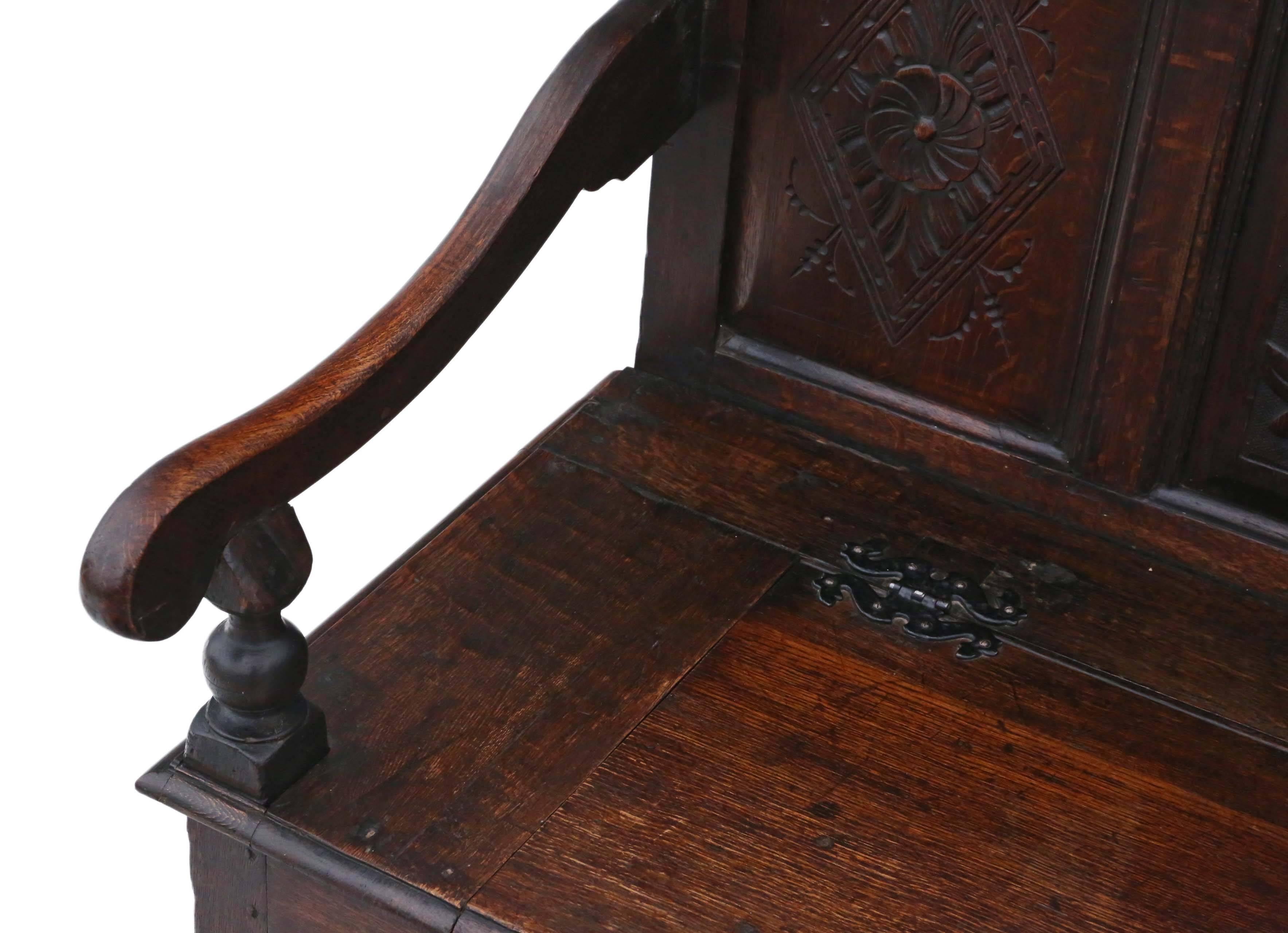 Antique 18th Century Georgian Carved Oak Settle Coffer Bench Seat  For Sale 6