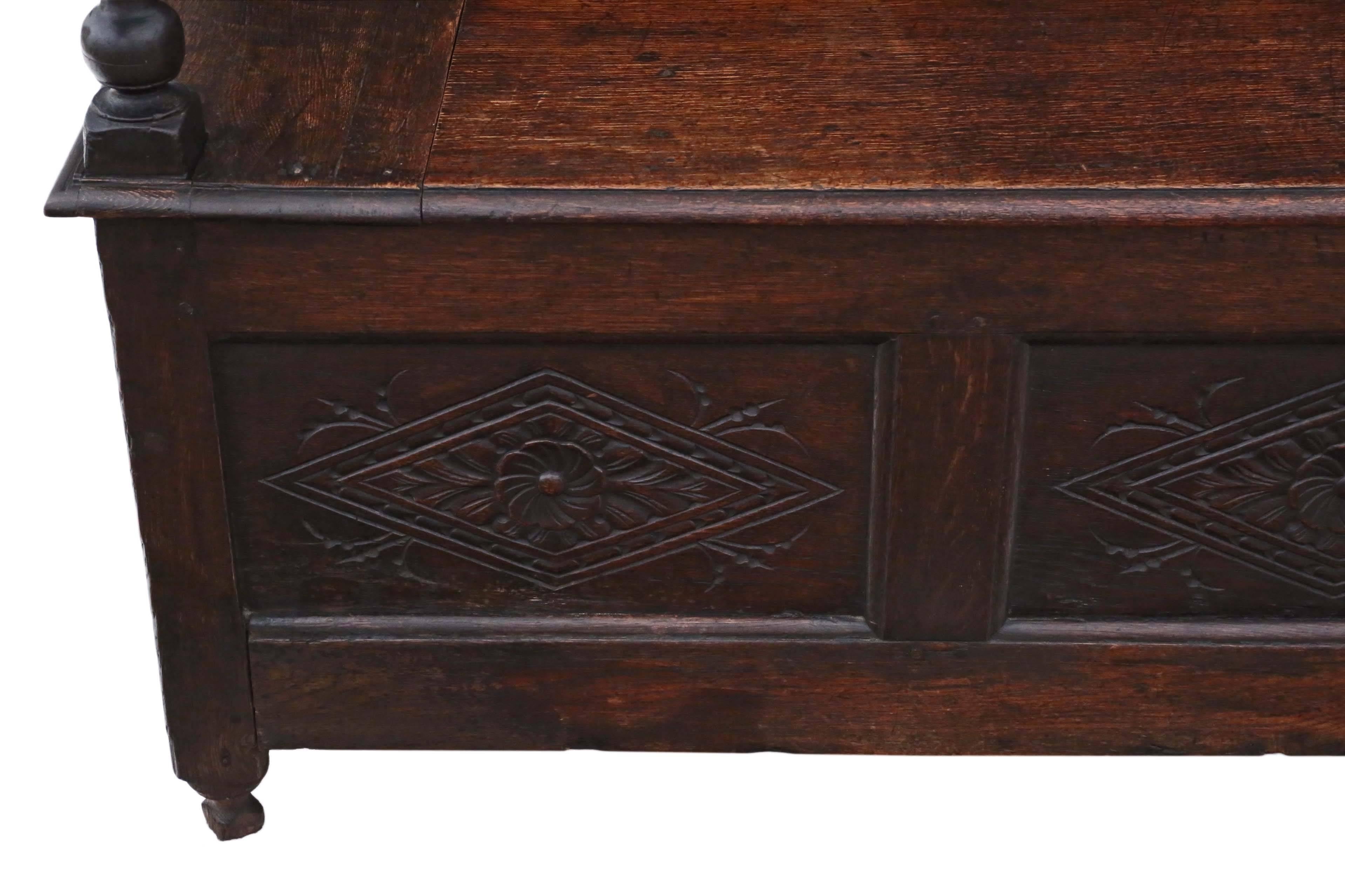 Antique 18th Century Georgian Carved Oak Settle Coffer Bench Seat  For Sale 4