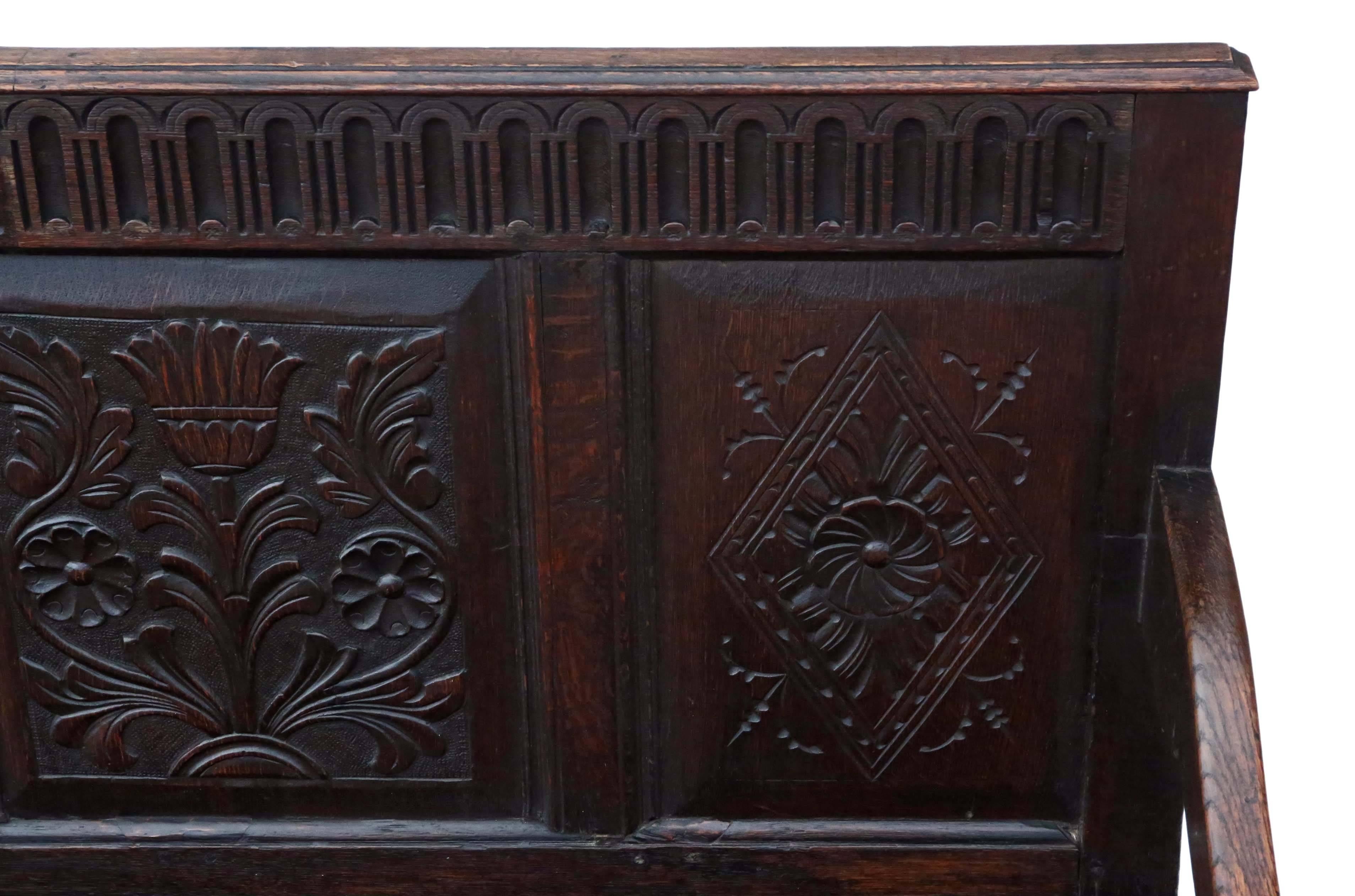 18th Century and Earlier Antique 18th Century Georgian Carved Oak Settle Coffer Bench Seat  For Sale