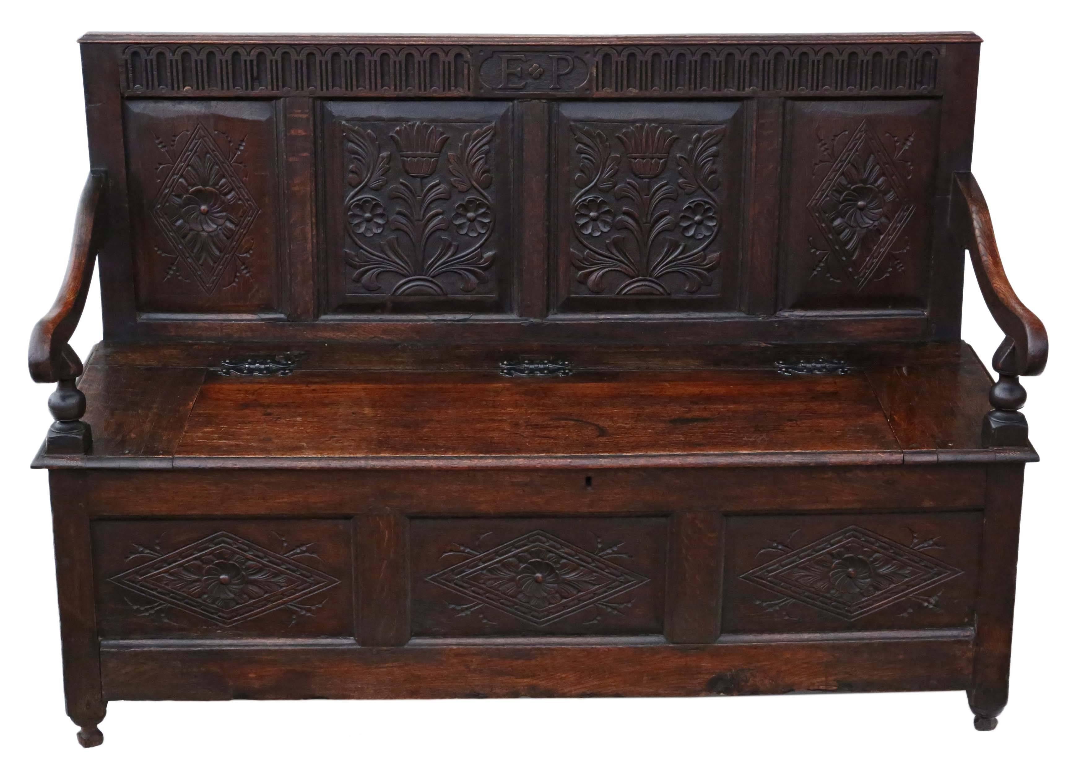 Antique 18th century Georgian carved oak settle with a lift up seat coffer.

Solid and strong, with no loose joints. Full of age, character and charm.

Would look great in the right location!

Overall maximum dimensions: 155.5cmW x 66cmD x