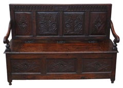 Antique 18th Century Georgian Carved Oak Settle Coffer Bench Seat