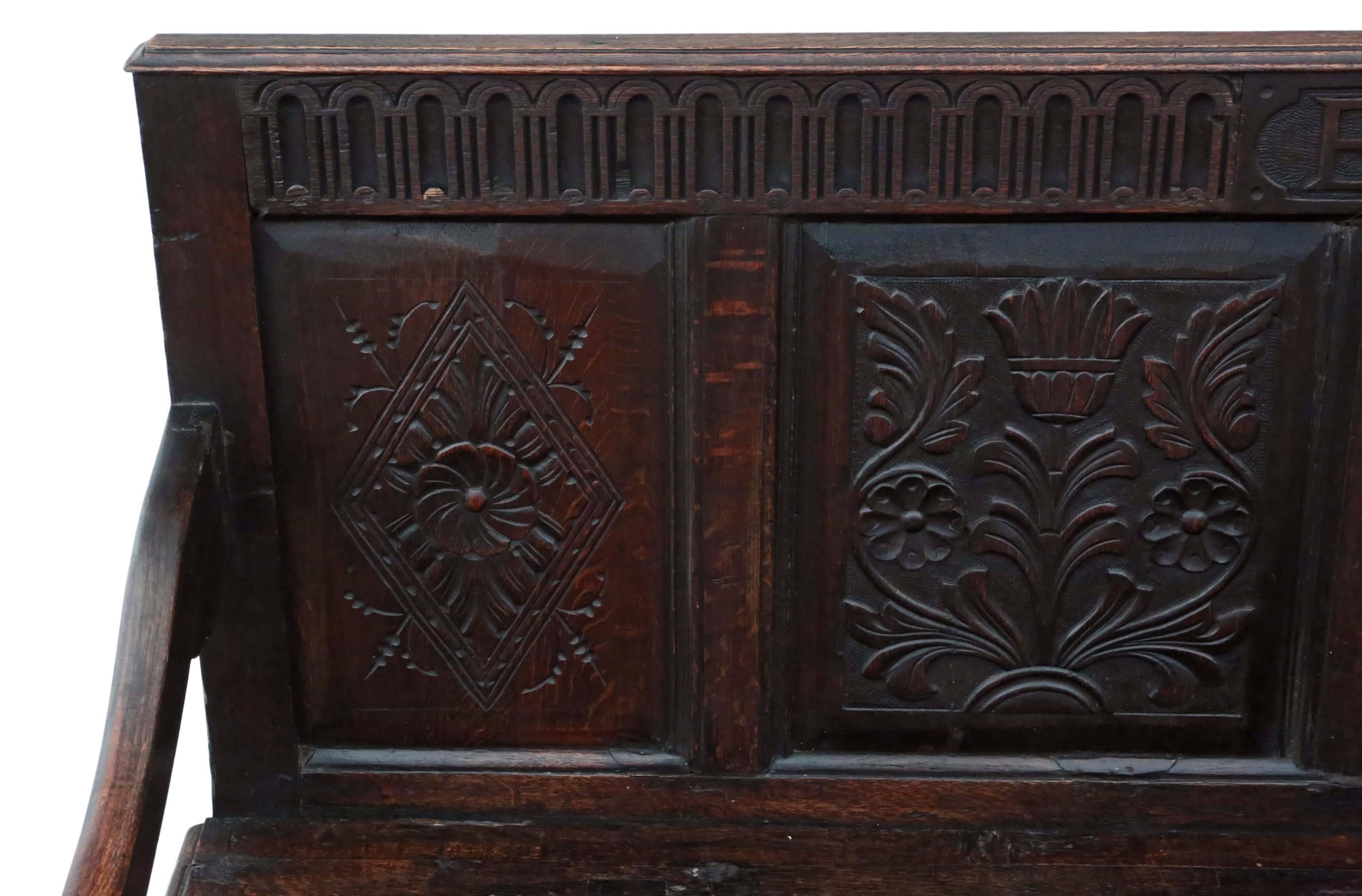 Antique 18th Century Georgian Carved Oak Settle Coffer Bench Seat  For Sale 1