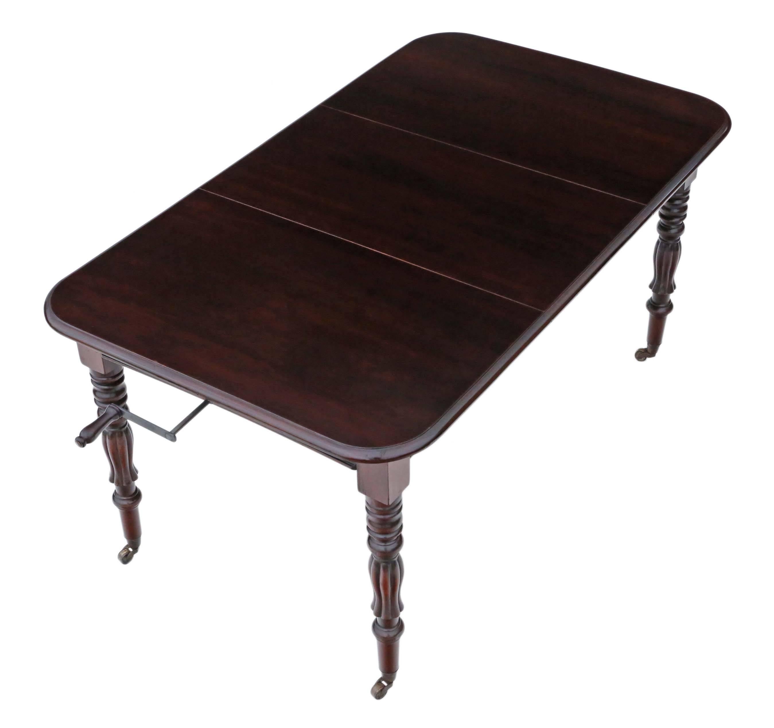 Antique quality Victorian circa 1900 mahogany wind out extending dining table 5' x 3'.

Solid and strong, with no loose joints and the mechanism works well. Full of age, character and charm. Attractive slender carved legs with period brass