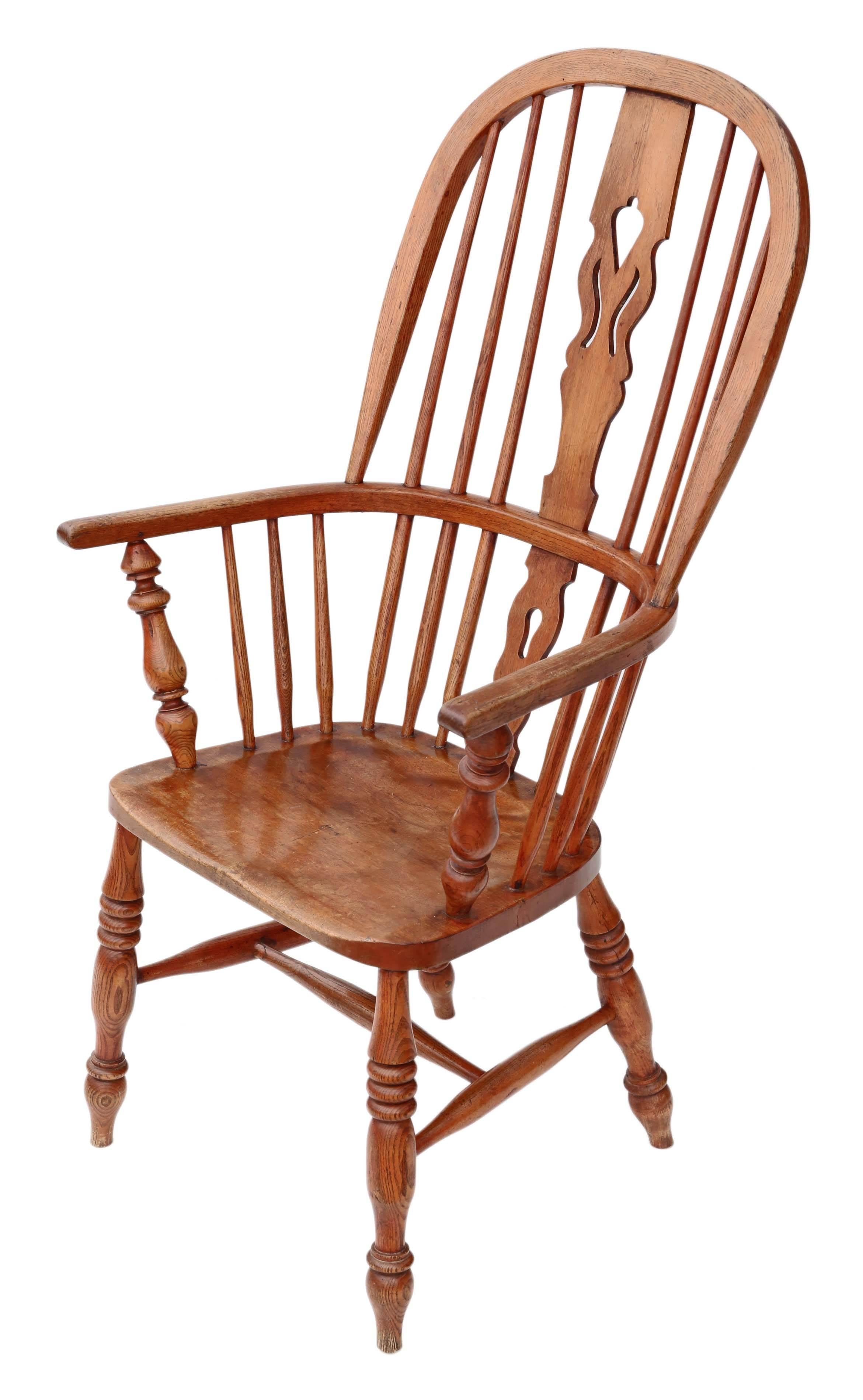 Antique Victorian circa 1840 ash and elm windsor armchair.

Solid, no loose joints and no woodworm. Full of age, character and charm. Very decorative chair with a lovely warm mellow color.

Would look great in the right location!

Overall