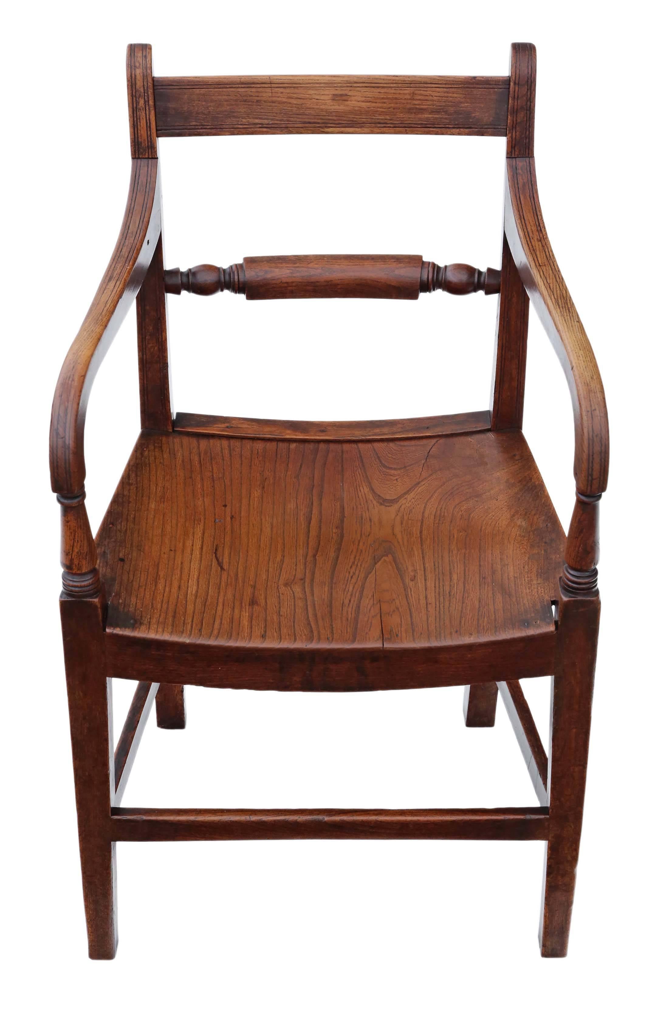 Antique quality Georgian circa 1800 elm elbow desk chair. Could also be used as a side, hall or carver chair.

Solid and strong, with no loose joints. Full of age, character and charm. A simple attractive chair with the best age and