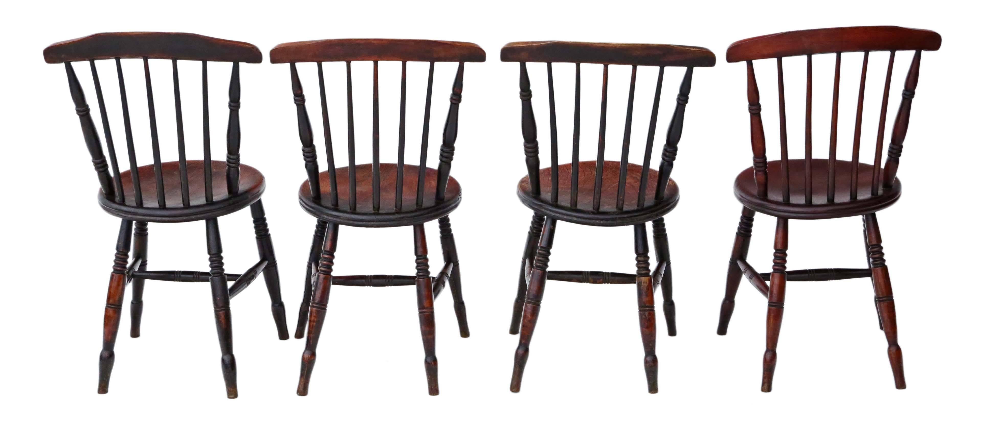 Antique set of four Victorian Penny Windsor elm and beech kitchen dining chairs, circa 1890.

Solid, no loose joints and no woodworm. Full of age, character and charm.

Would look great in the right location!

Measure: Overall maximum