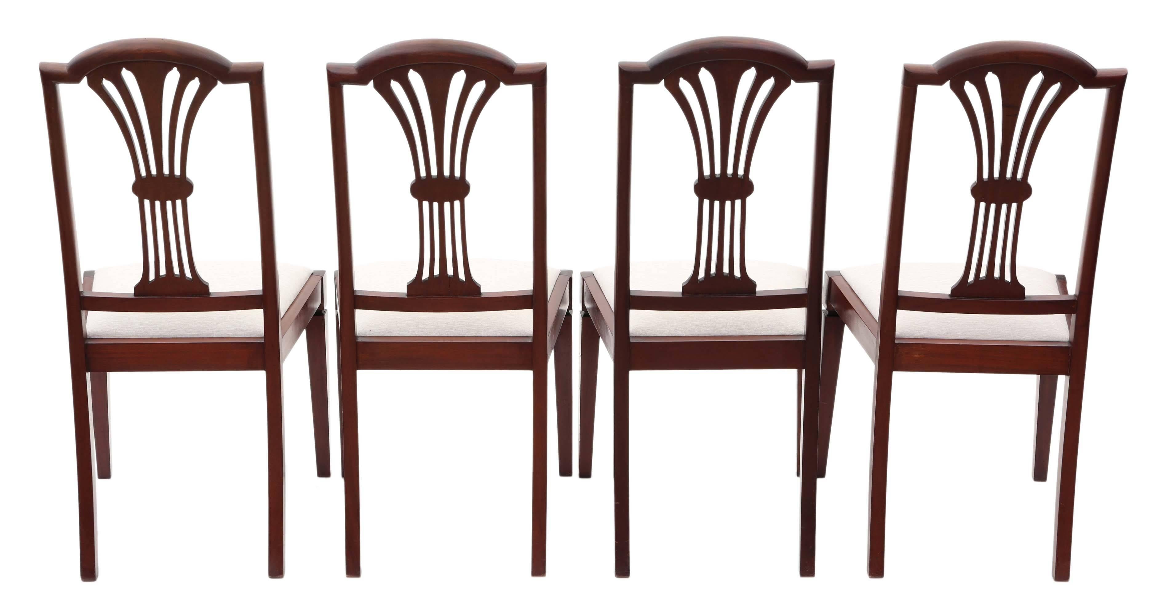 Antique quality set of four Edwardian mahogany high back dining chairs, circa 1910.

Fantastic age, color and patina. Great styling.

Solid and strong with no loose joints. Full of age, charm and character, a rare find. No woodworm.

Good new