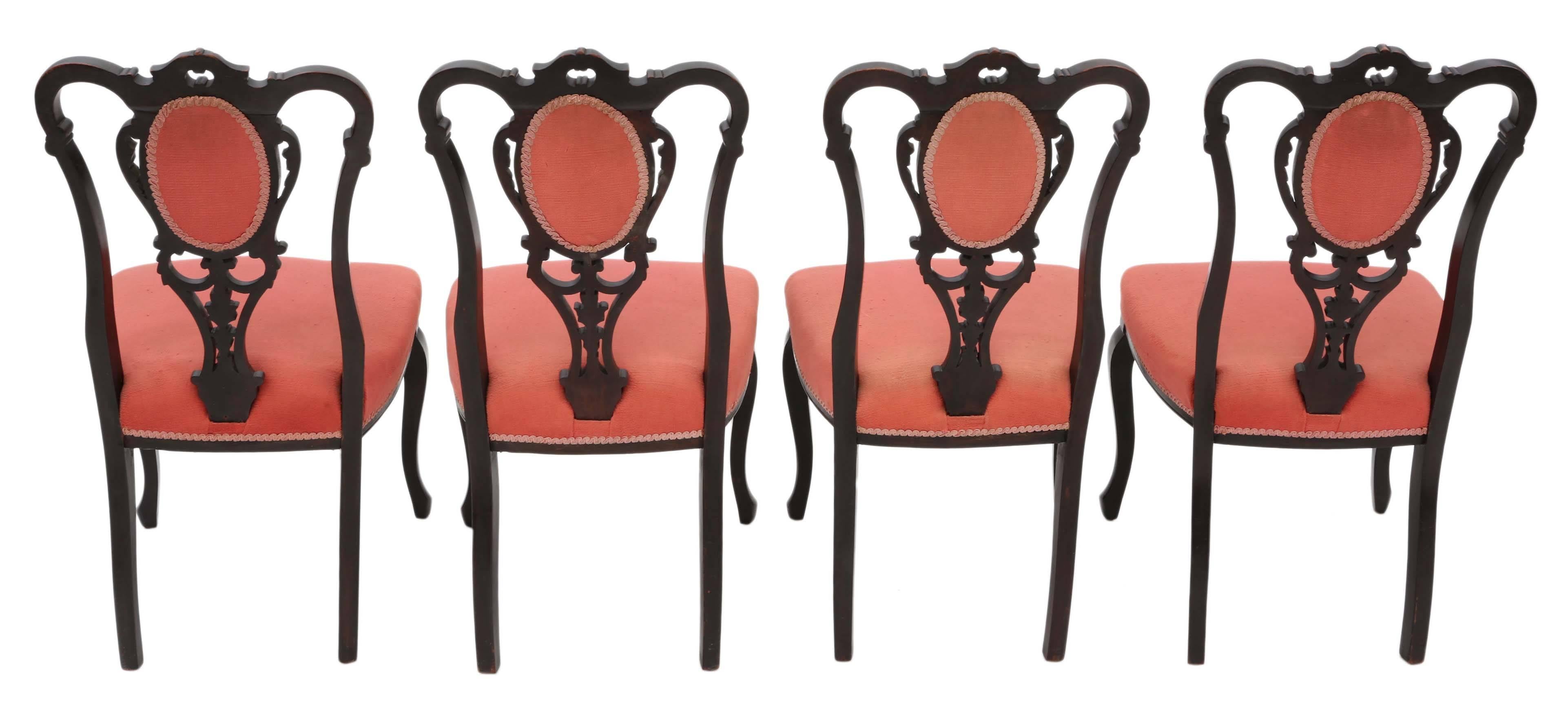 Antique set of four Victorian ebonized mahogany dining chairs.

Date from circa 1890.

Solid, heavy and strong with no loose joints. No woodworm.

Sprung seats. The upholstery is not new and has minor wear and light soiling. Our upholsterer