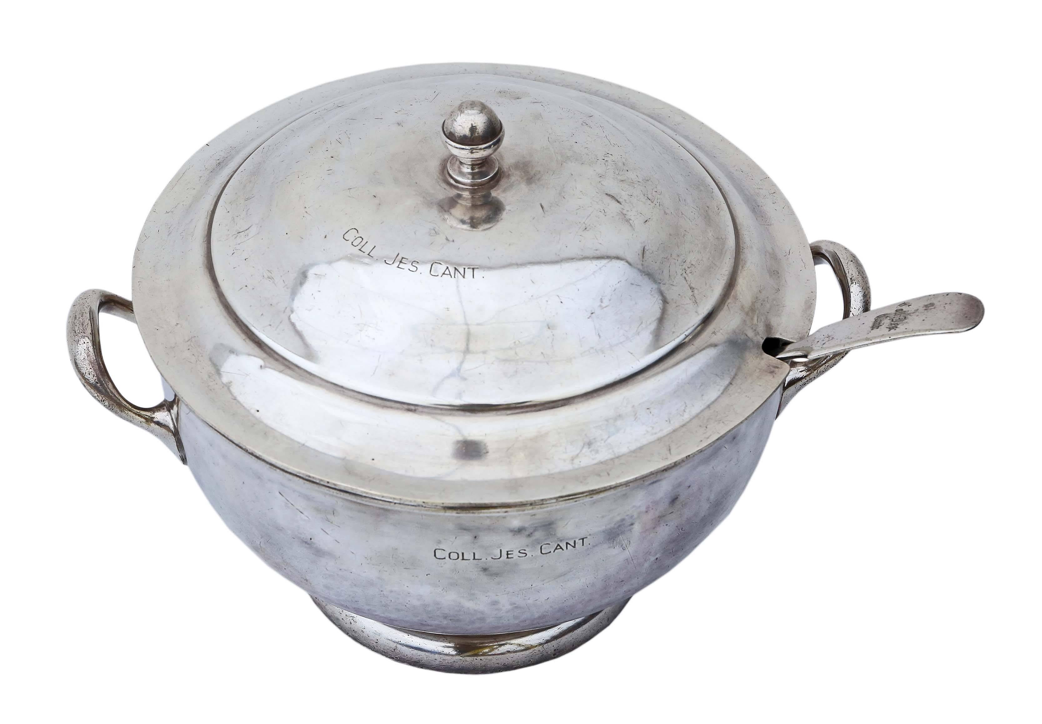 Antique large silver plated soup tureen or punch bowl. Mappin & Webb comes from the canteen at Jesus College Cambridge (engraved COLL. JES. CANT). Includes lid and ladle. Mid-20th century.

Well used, as one might expect from the provenance but it