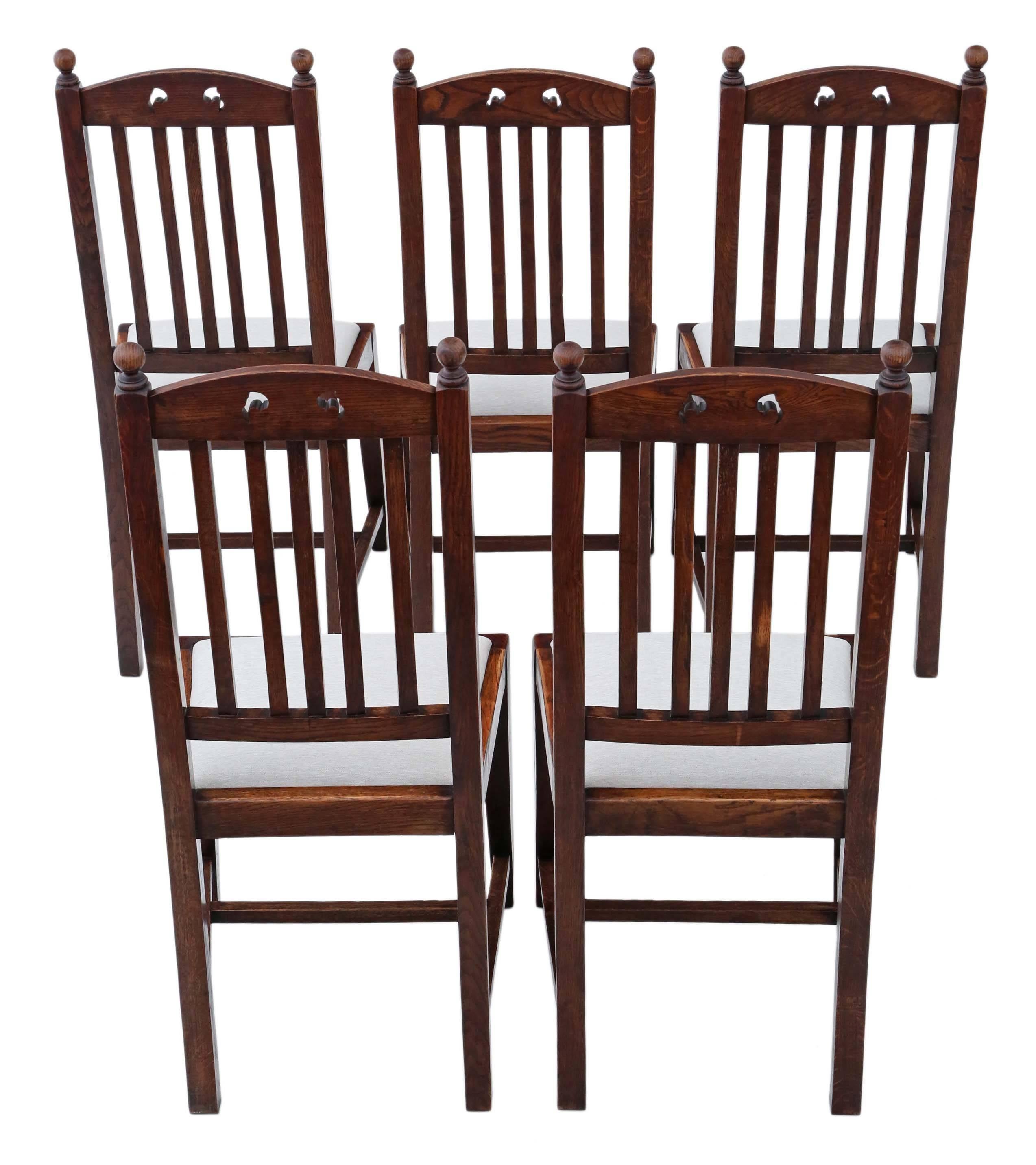 Antique quality set of five oak high back Art Nouveau dining chairs, circa 1900-1920.

Fantastic age, color and patina. Great styling.

Solid and strong with no loose joints. Full of age, charm and character.....a rare find. No woodworm.

Good