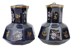 Antique Pair of Blue Gilded and Decorated Ceramic Jugs