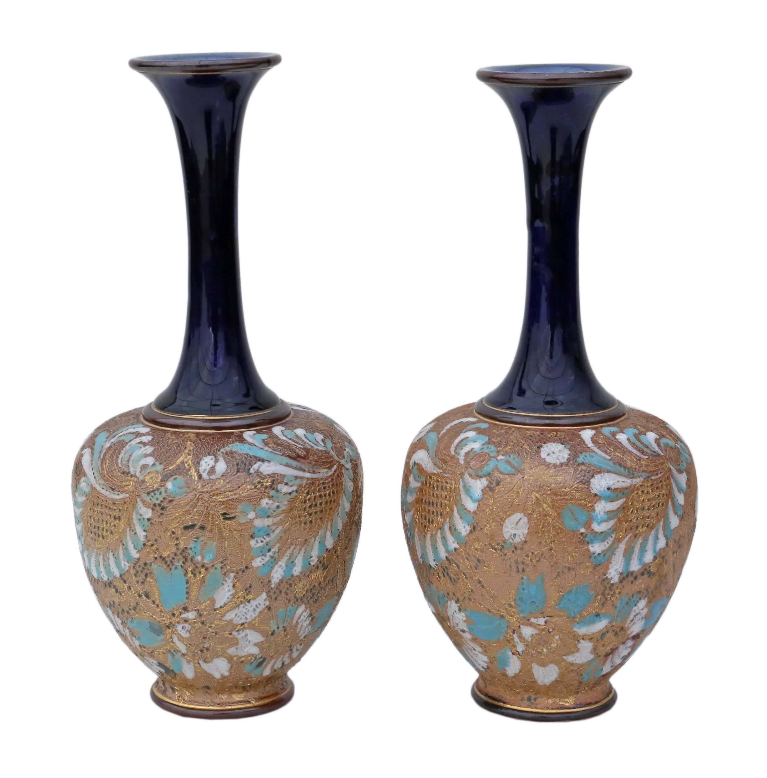 Antique pair of Royal Doulton slater vases. Art Nouveau, dating from circa 1900-1920 (possibly 1912). 

Lovely quality vases. A touch of class.

Would look amazing in the right location!

Overall maximum dimensions: 12 cm diameter x 26 cm