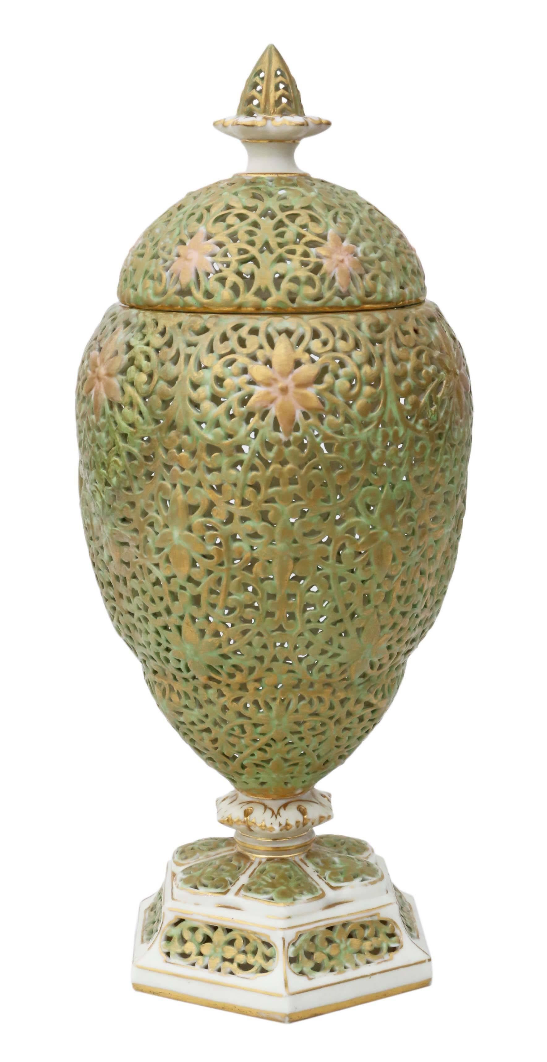 British Antique Late Victorian Graingers Worcester Reticulated Vase with Lid For Sale