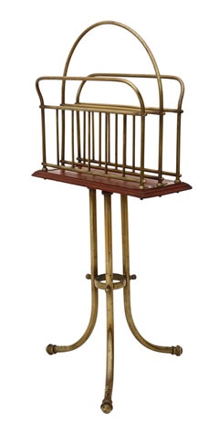 Antique Victorian Brass Walnut Canterbury Magazine Rack Newspaper