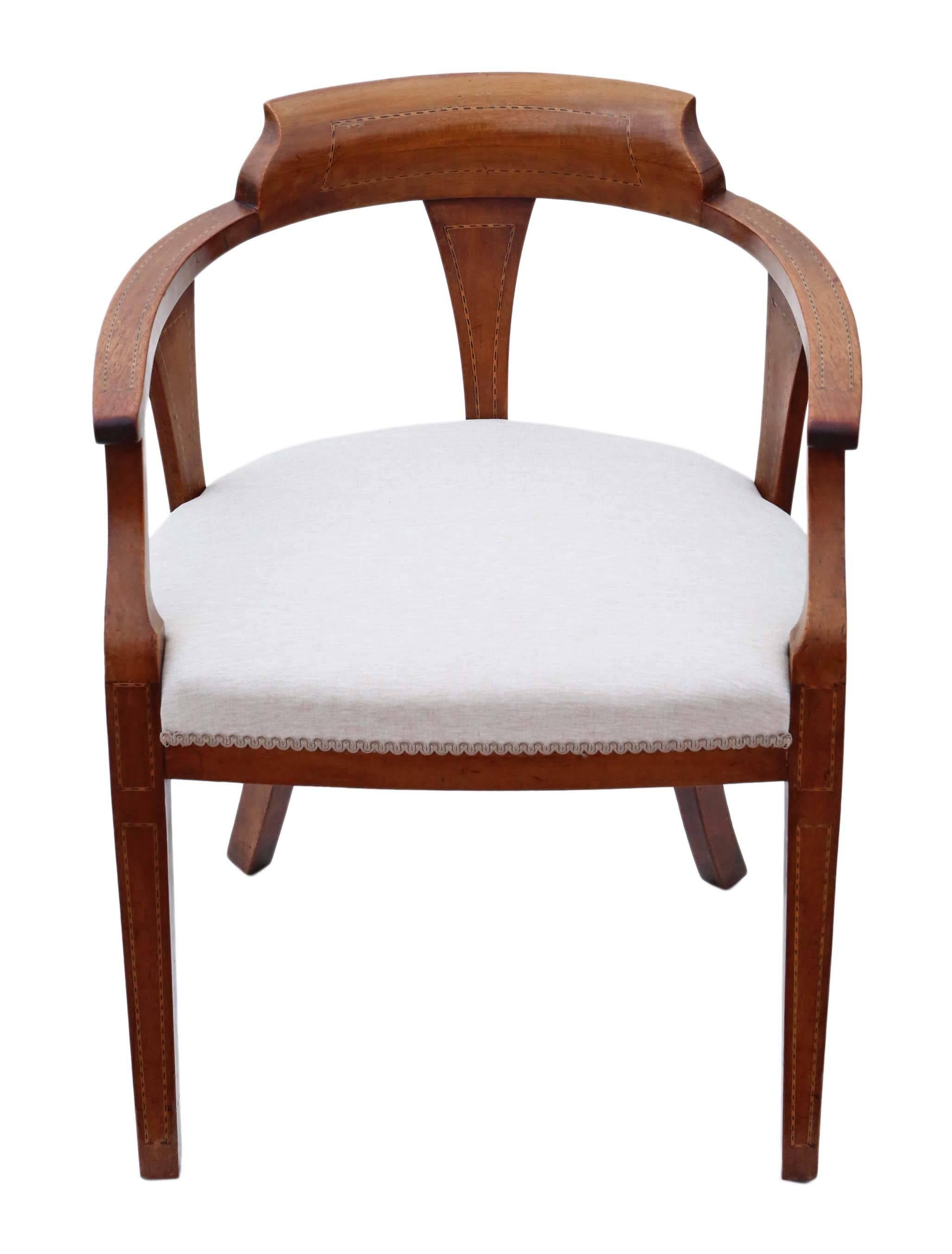 Antique quality Edwardian inlaid mahogany tub armchair, great for a corner or bedroom.

A great rare find, with lovely proportions and styling.

A sought after style of chair.

Lovely color, age, patina and charm.

Re-upholstered in a heavy
