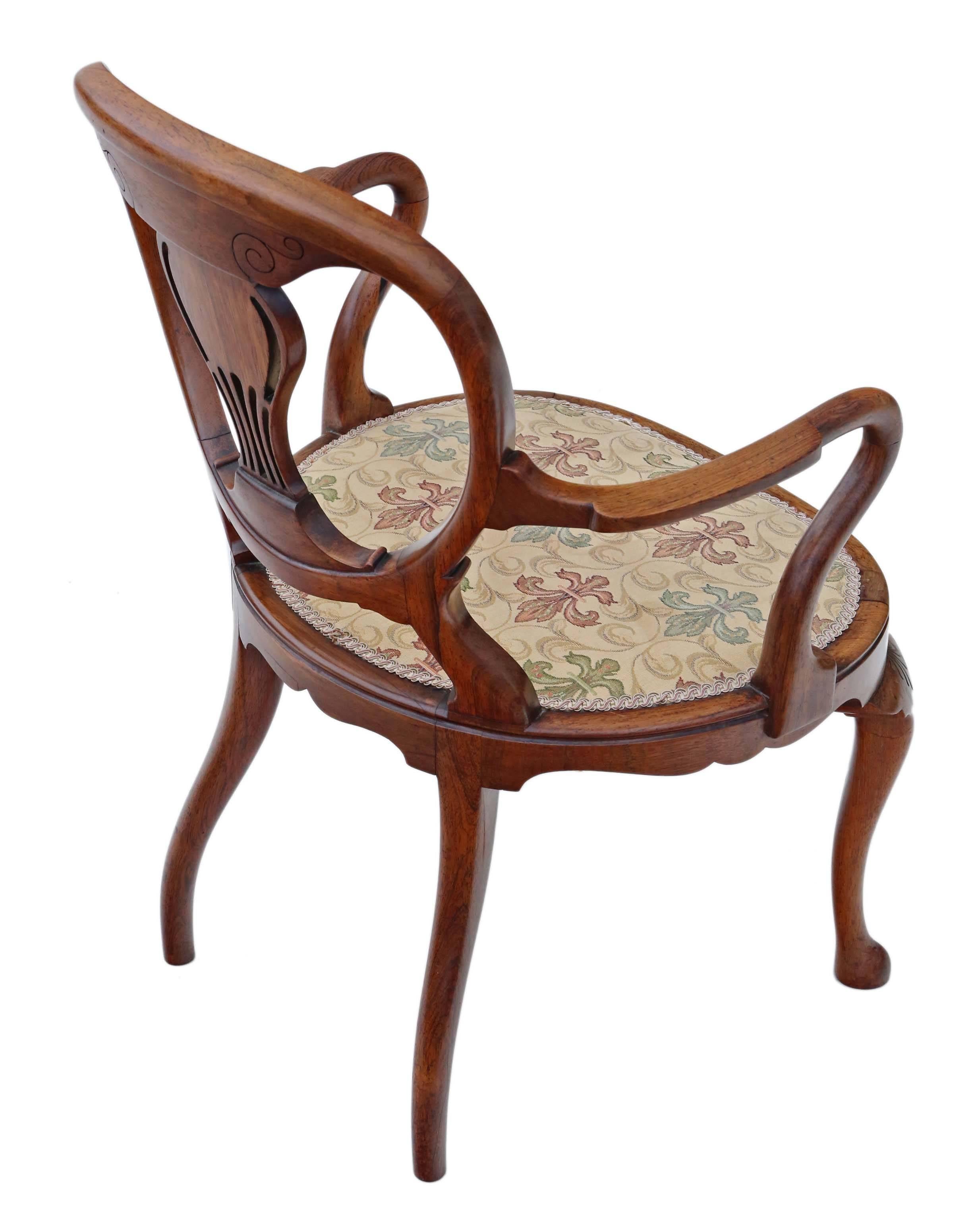 British Antique Quality Brass Inlaid Rosewood Elbow Desk Chair Carver For Sale