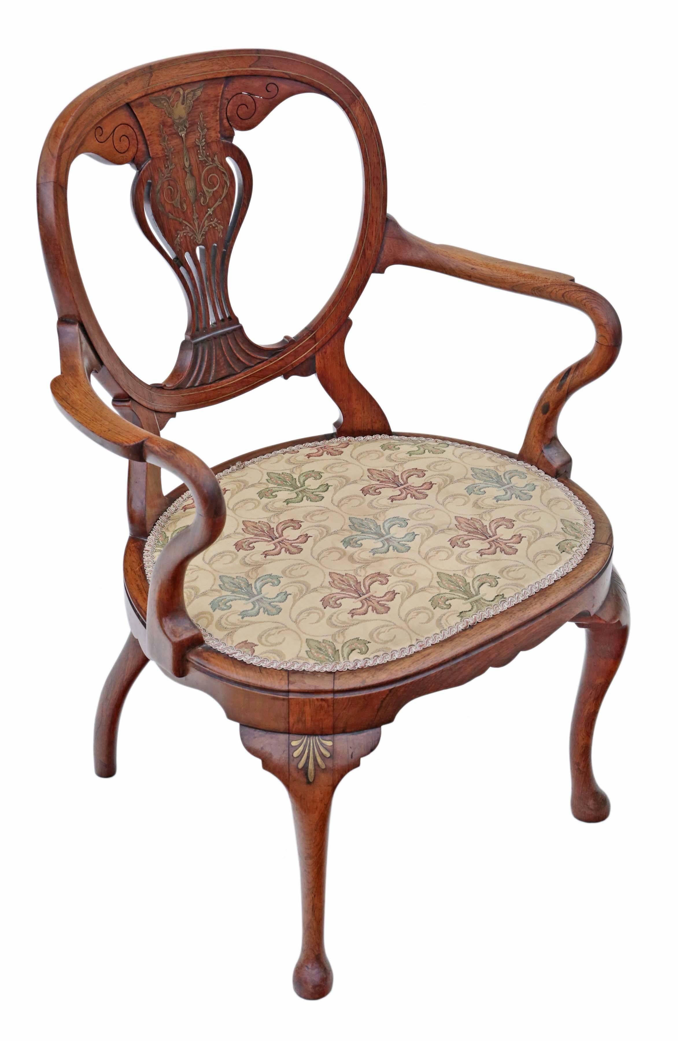 Antique Quality Brass Inlaid Rosewood Elbow Desk Chair Carver In Good Condition For Sale In Wisbech, Walton Wisbech