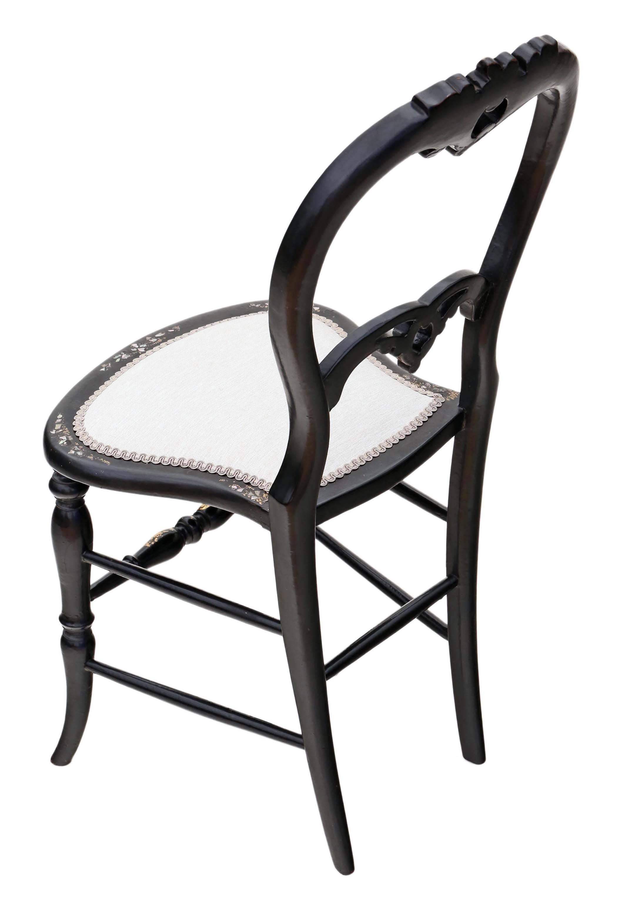 British Antique Rare Victorian, circa 1890 Mother-of-Pearl Inlaid Bedroom Chair Side For Sale