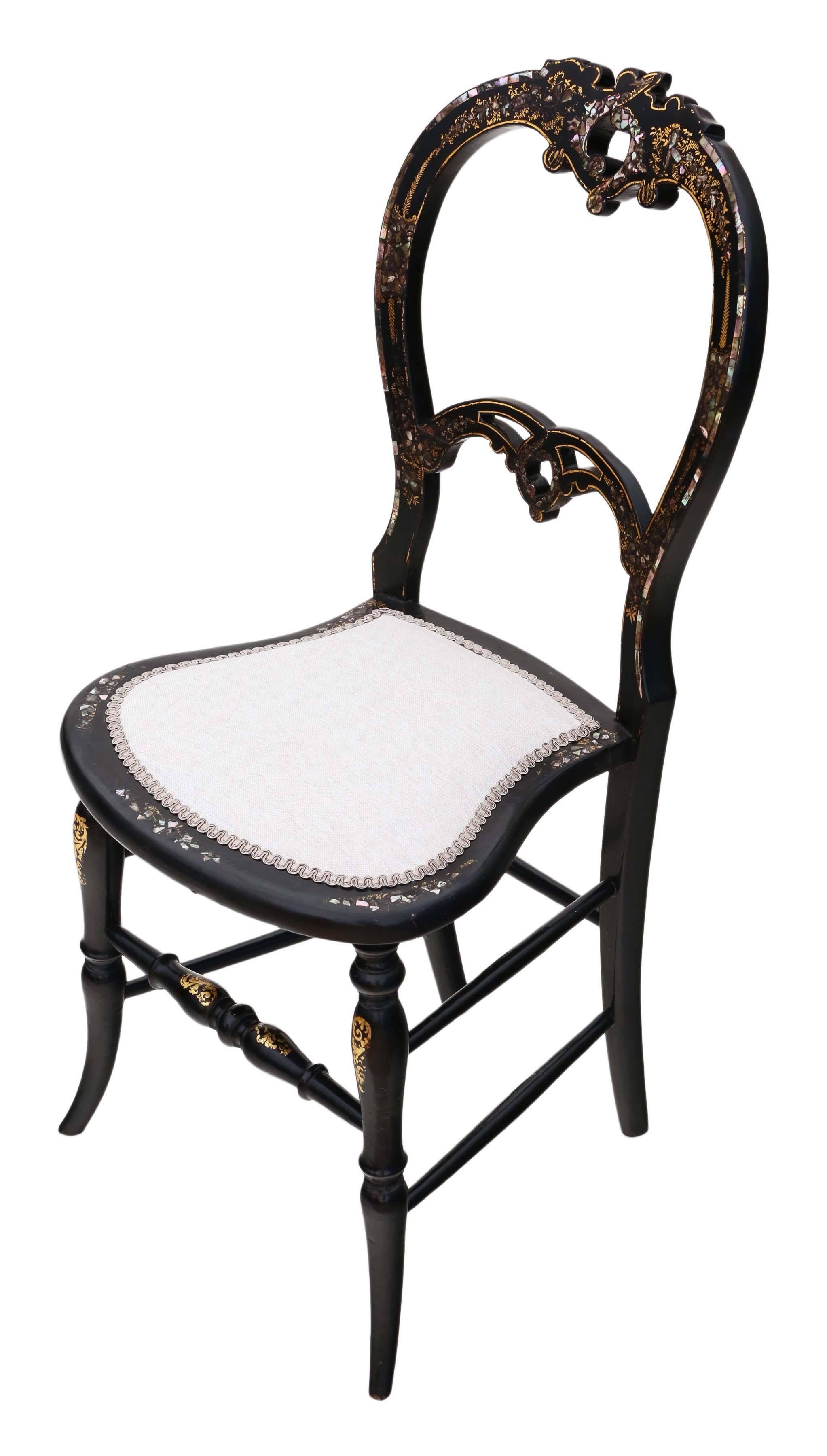 Antique rare Victorian mother-of-pearl inlaid bedroom side chair. Came from the Master's Lodge, Trinity College, Cambridge.

Dates from circa 1890. Fantastic quality decorative piece, with amazing inlays and gilt paint decoration.

Solid and
