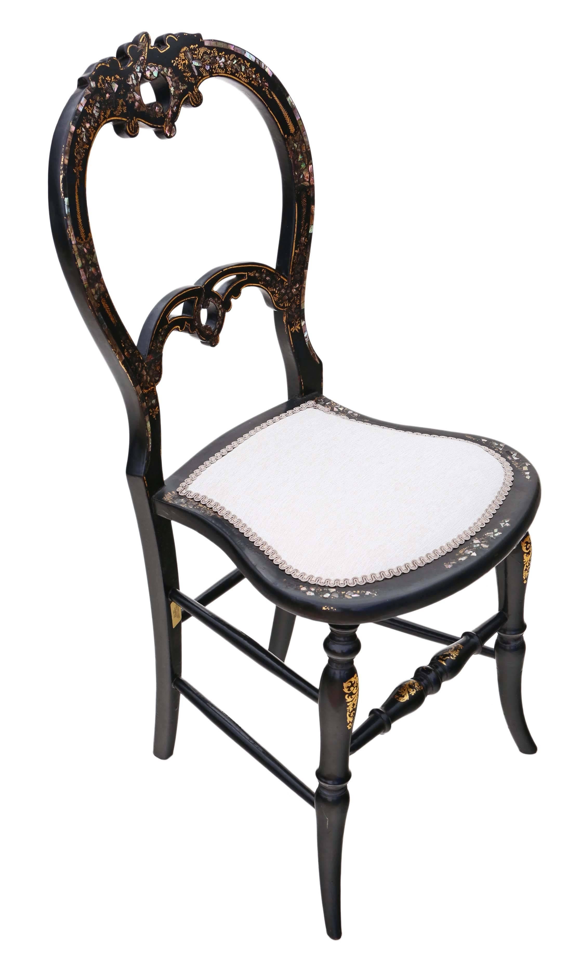 Late 19th Century Antique Rare Victorian, circa 1890 Mother-of-Pearl Inlaid Bedroom Chair Side For Sale