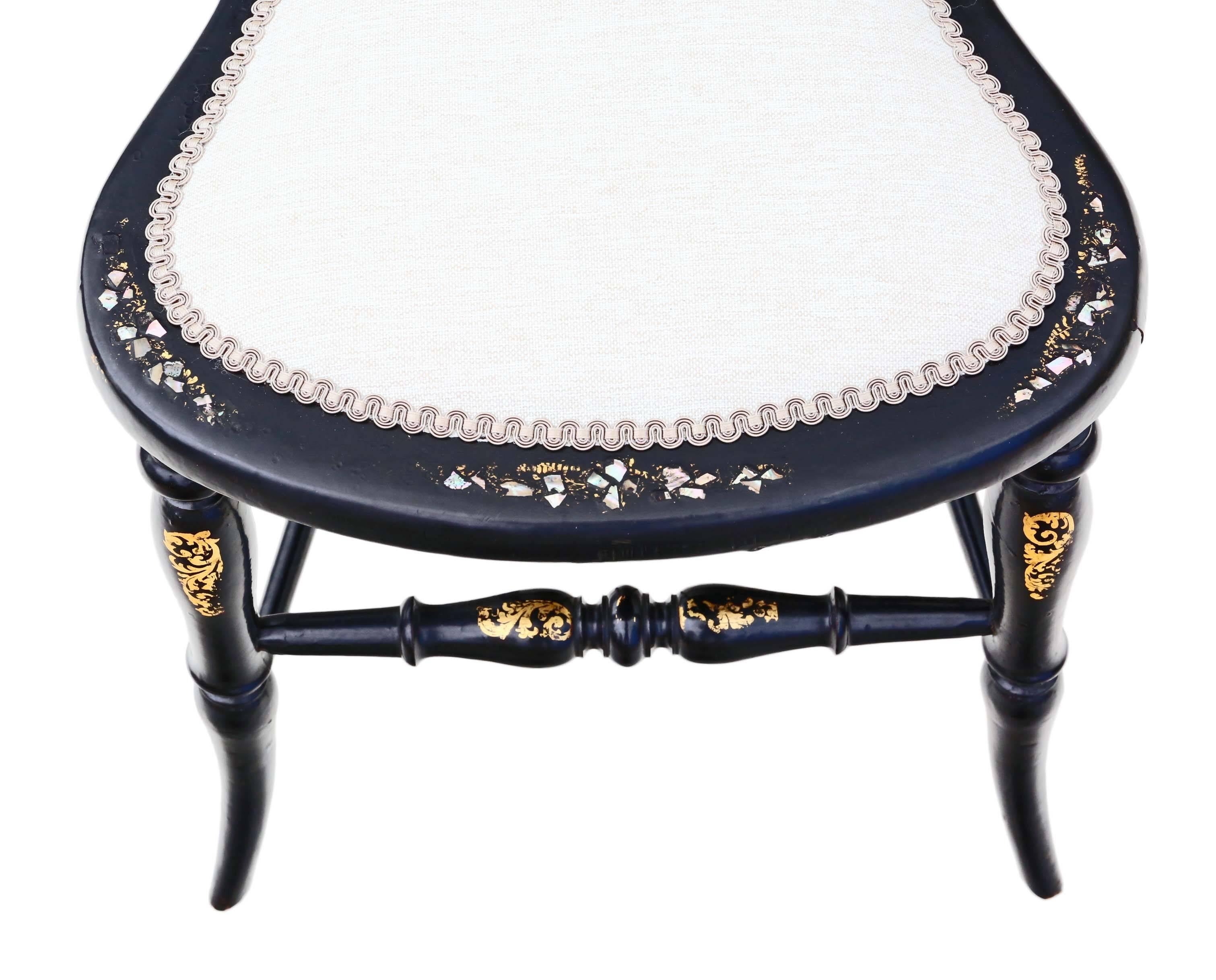 Antique Rare Victorian, circa 1890 Mother-of-Pearl Inlaid Bedroom Chair Side For Sale 2