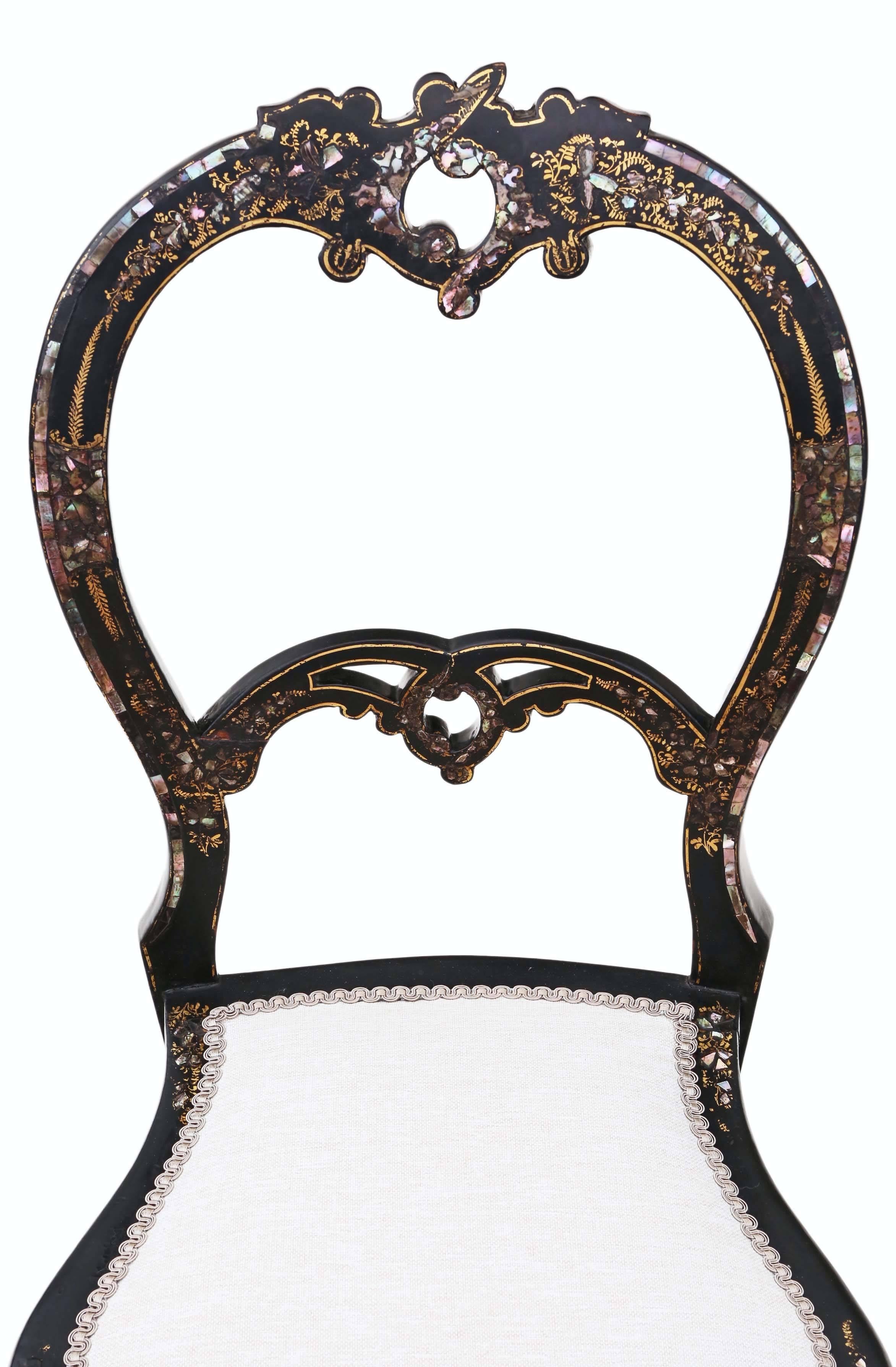 Antique Rare Victorian, circa 1890 Mother-of-Pearl Inlaid Bedroom Chair Side For Sale 1