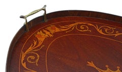 Antique Victorian Quality Inlaid Mahogany Oval Serving Tray Tea