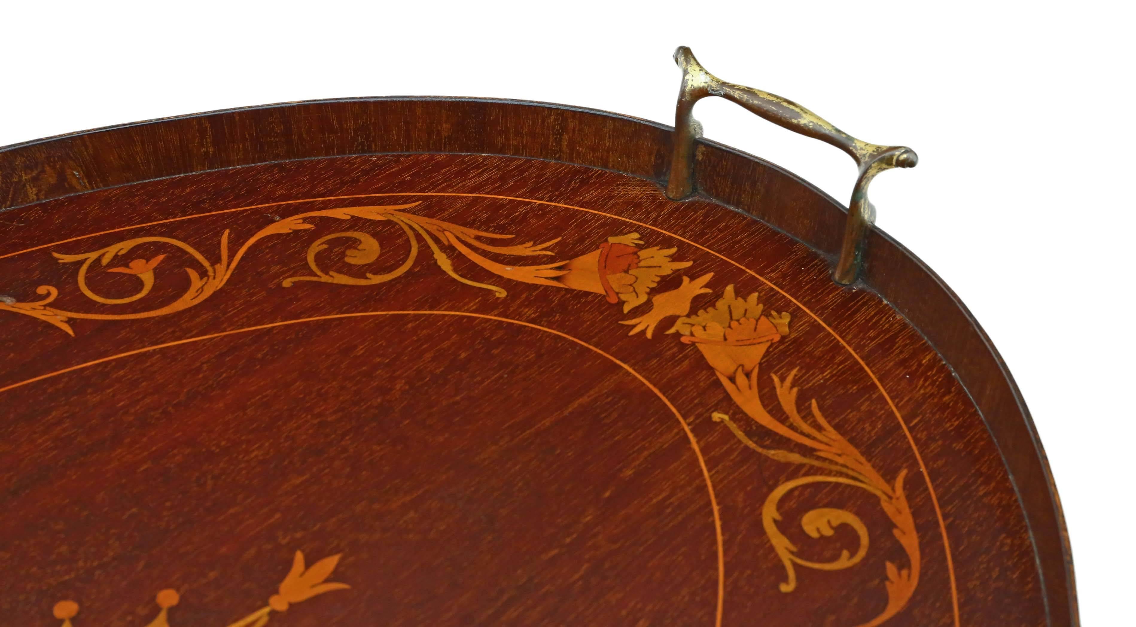 British Antique Victorian Quality Inlaid Mahogany Oval Serving Tray Tea For Sale