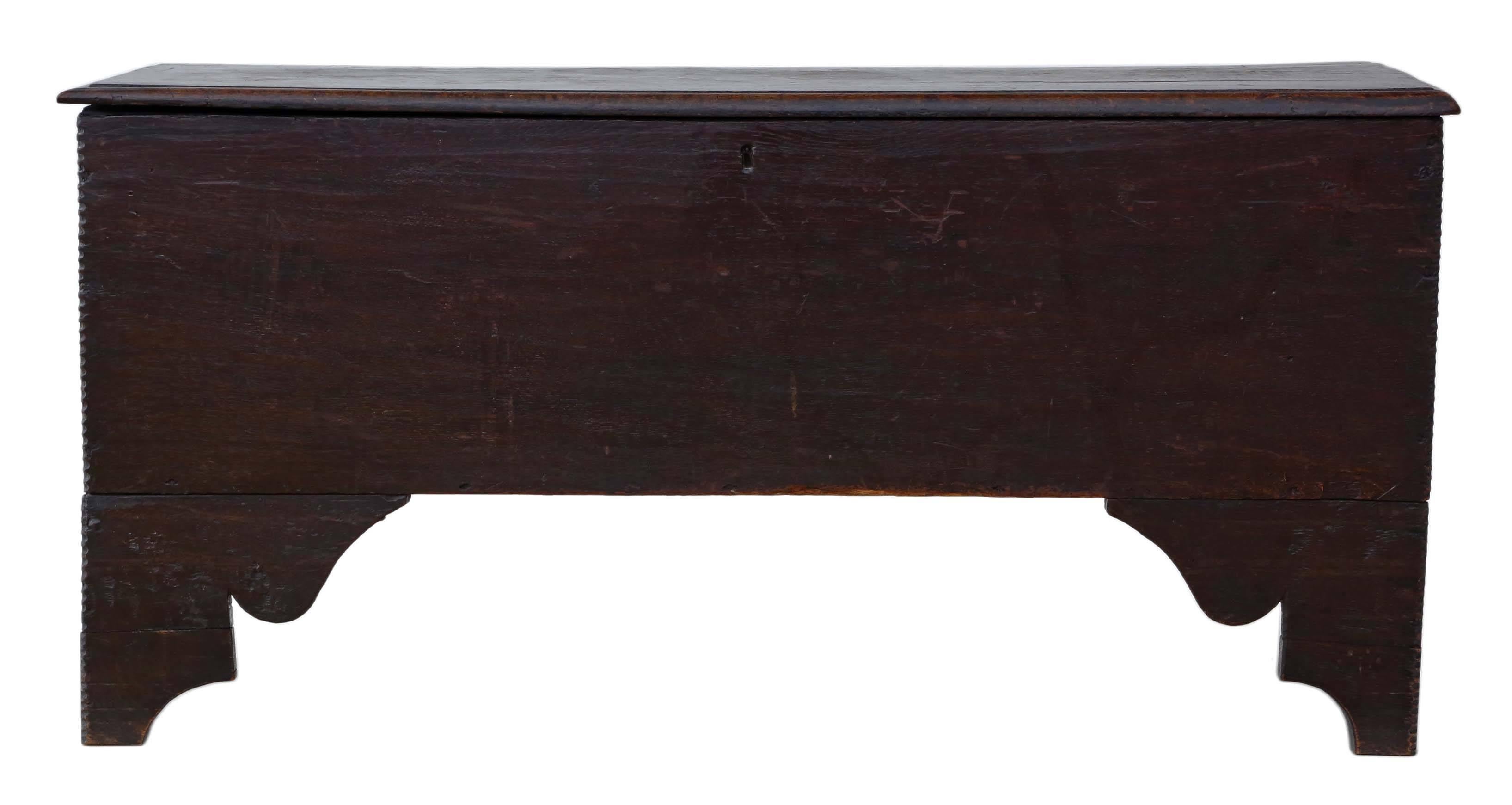 Antique Georgian 18th century six-plank oak coffer.

Solid, heavy and strong, with no loose joints.

Would make a great ottoman, blanket chest, shoe store or coffee table.

Full of character and rustic country charm. 

Overall maximum