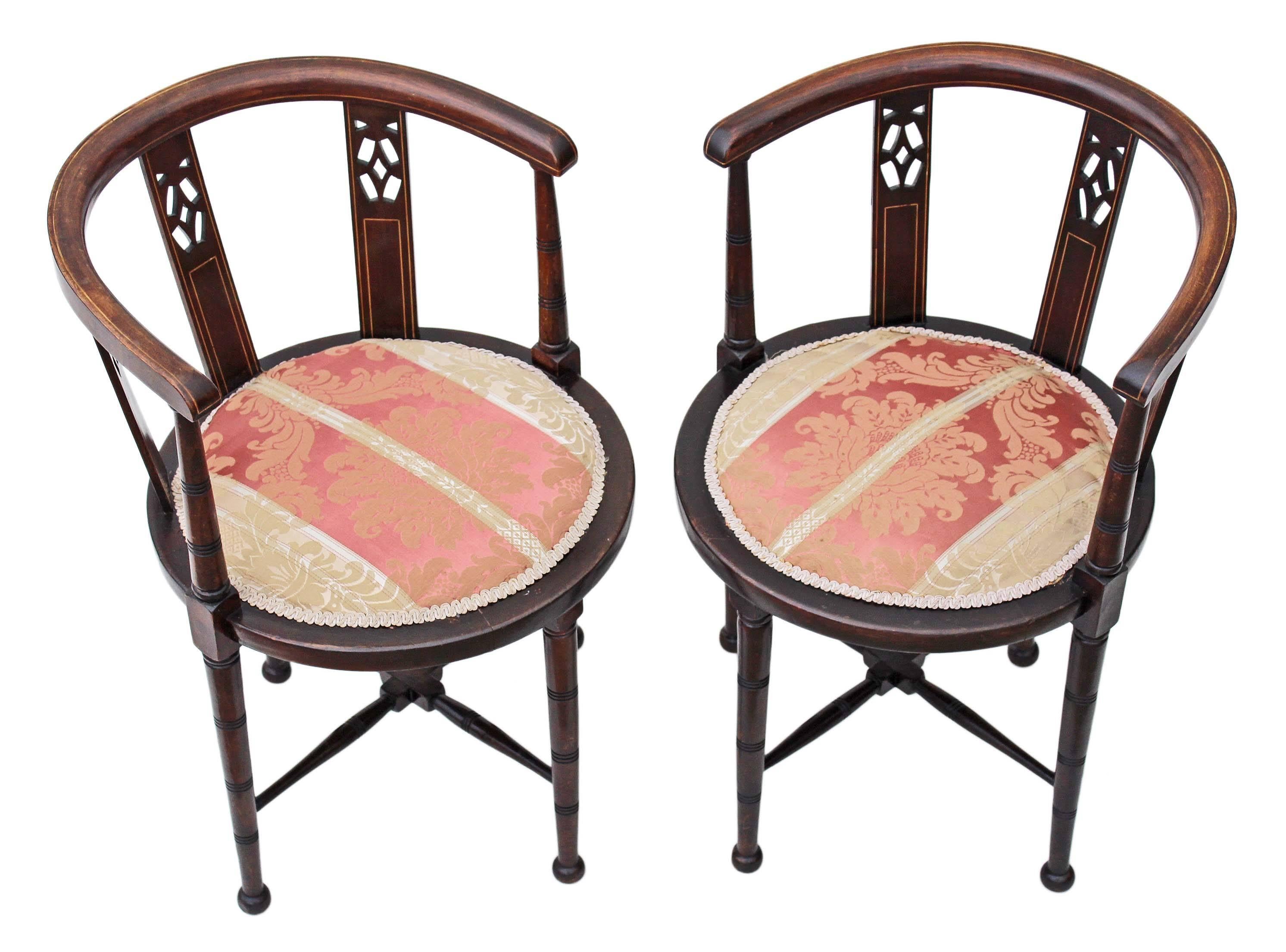 Antique pair of Edwardian (early 20th century) inlaid mahogany and beech corner chairs.

A great rare find, with lovely proportions and styling.

A sought after style of chair.

Lovely colour, age, patina and charm.

The seat upholstery is