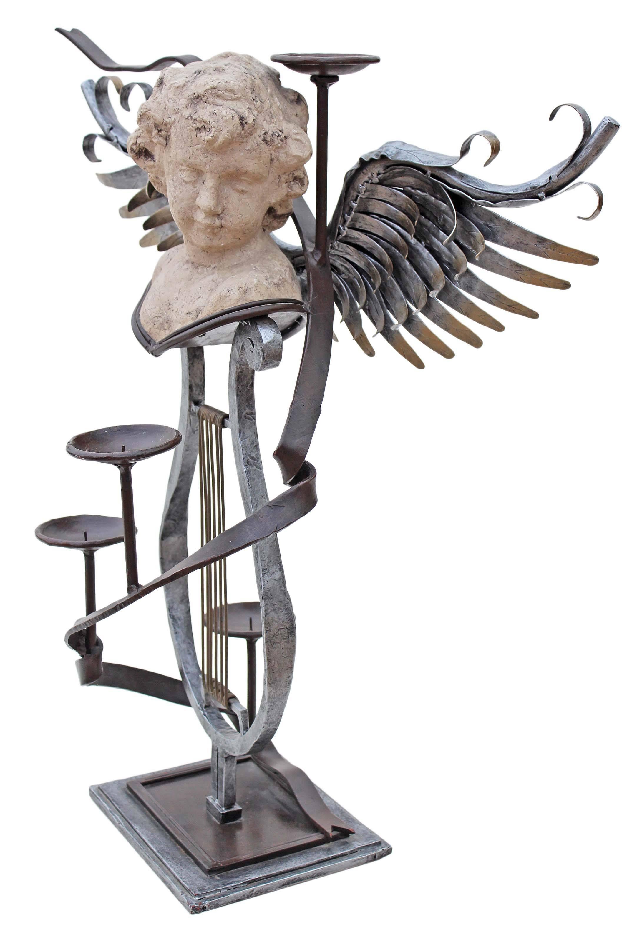 Late 20th Century Antique Large Mixed Metal Contemporary Statue Work of Art Angel Candelabra For Sale
