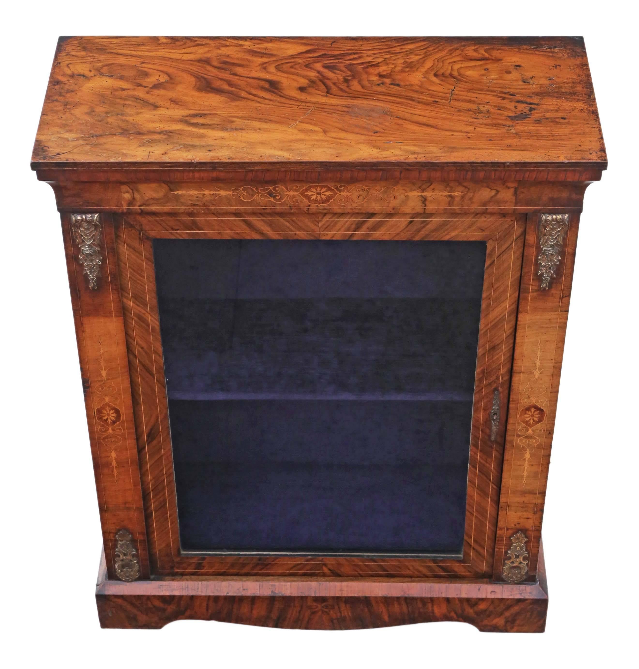 Antique quality inlaid burr walnut pier display cabinet, circa 1880. The best color and patina.

Solid and strong, with no loose joints. We have a key.

Would look great in the right location! No woodworm. New blue velour lining.

Overall