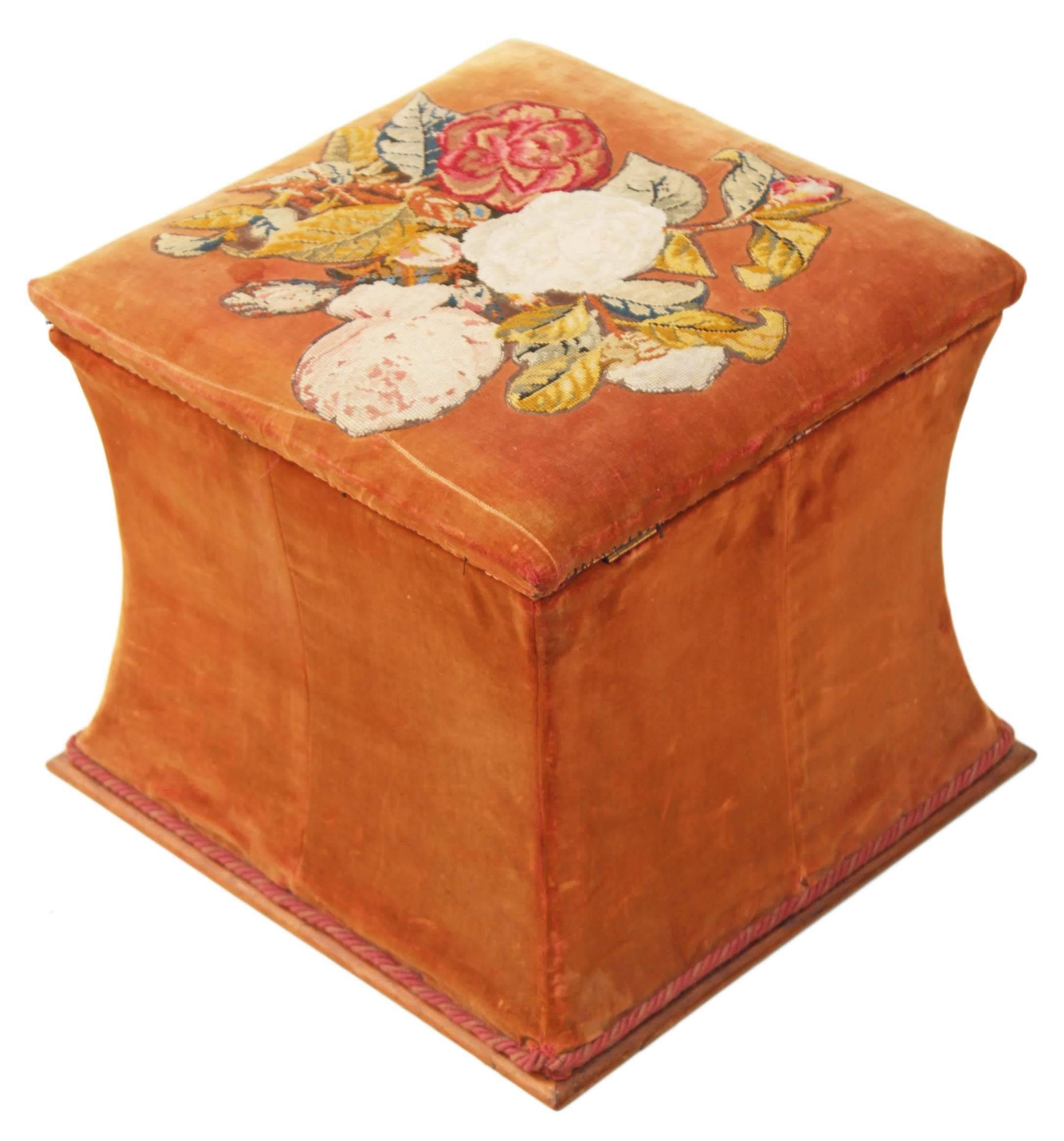 British Antique Victorian Shaped Upholstered Needlepoint Ottoman Blanket Box For Sale