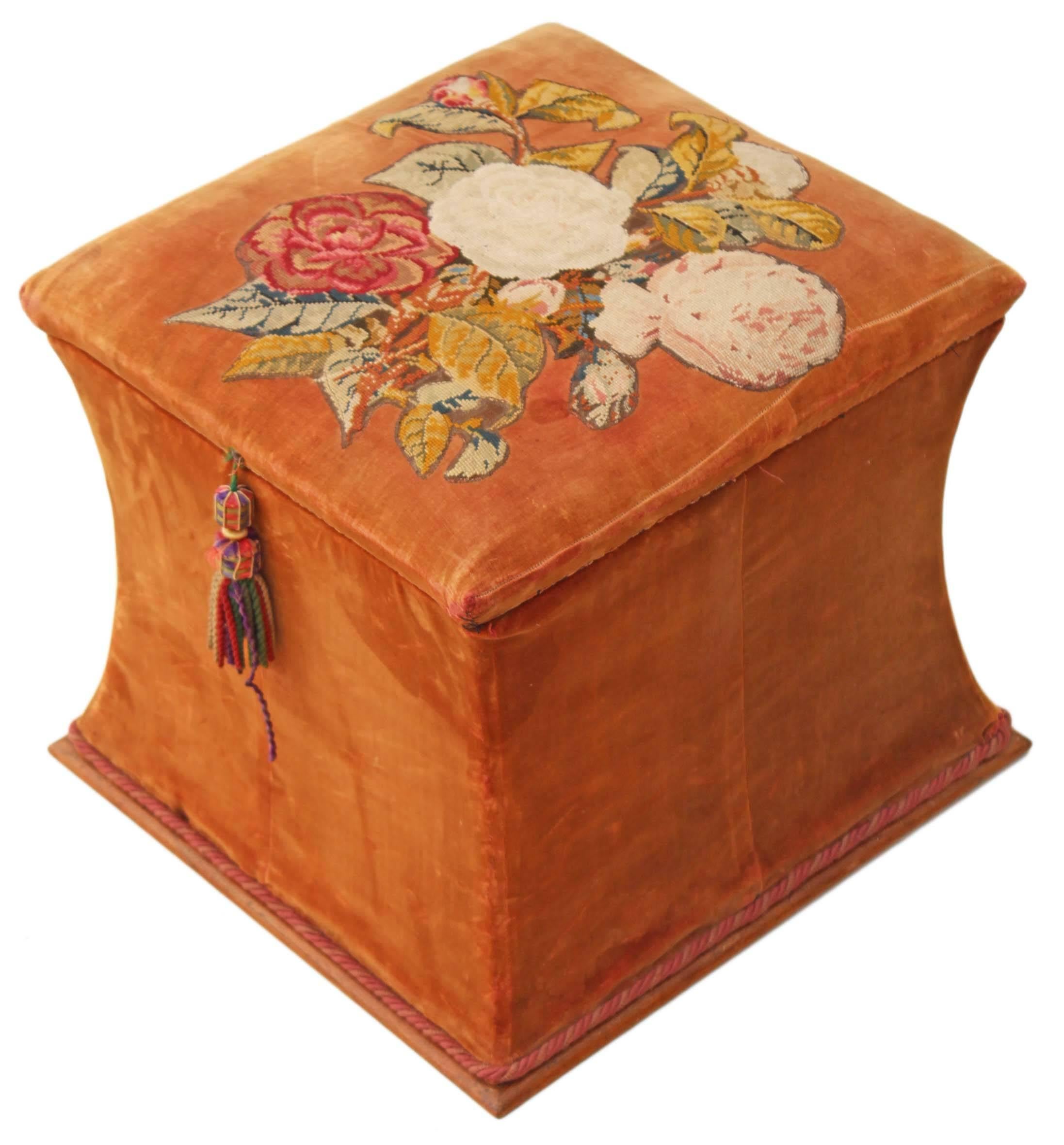 Antique Victorian 19th century shaped upholstered needlepoint ottoman or blanket box.

This ottoman is full of age, charm and character. So rare with concave sides.

The upholstery is old, worn and faded, with marks. Internally it is very tatty,