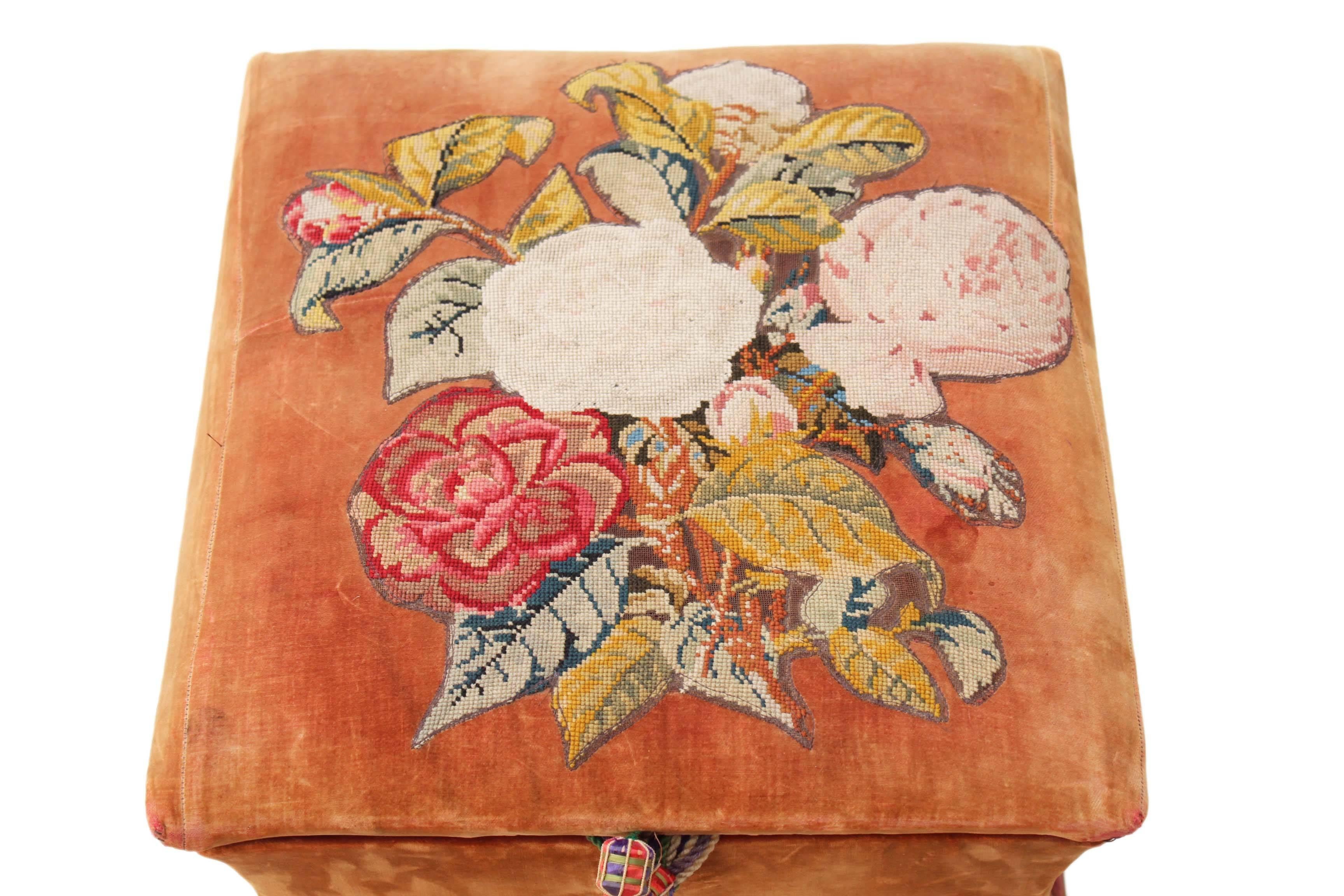19th Century Antique Victorian Shaped Upholstered Needlepoint Ottoman Blanket Box For Sale