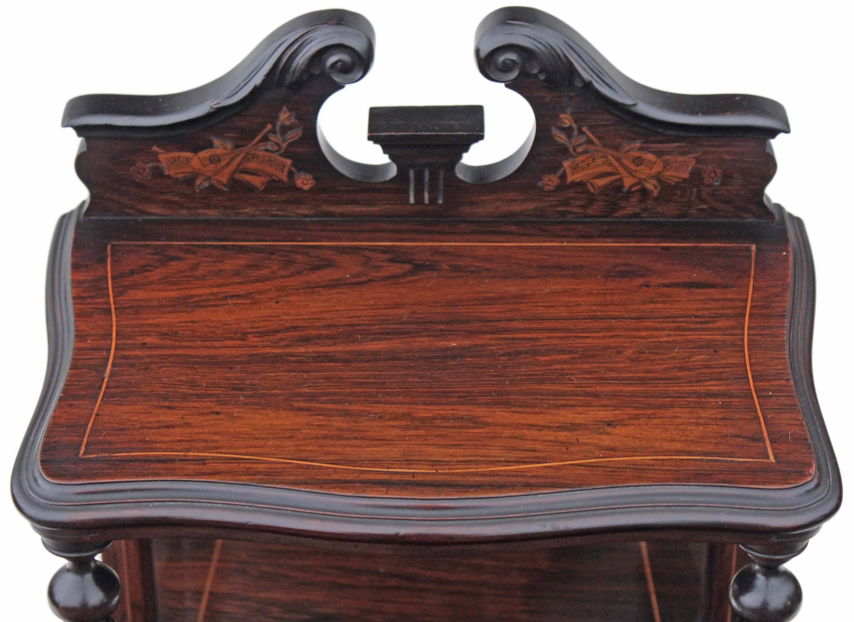 Antique quality (the finest that you will find) inlaid marquetry rosewood perdonium bedside cupboard table cabinet and coal box.

This is a lovely item, that is full of age, charm and character, dating from the late Victorian period.

This is a