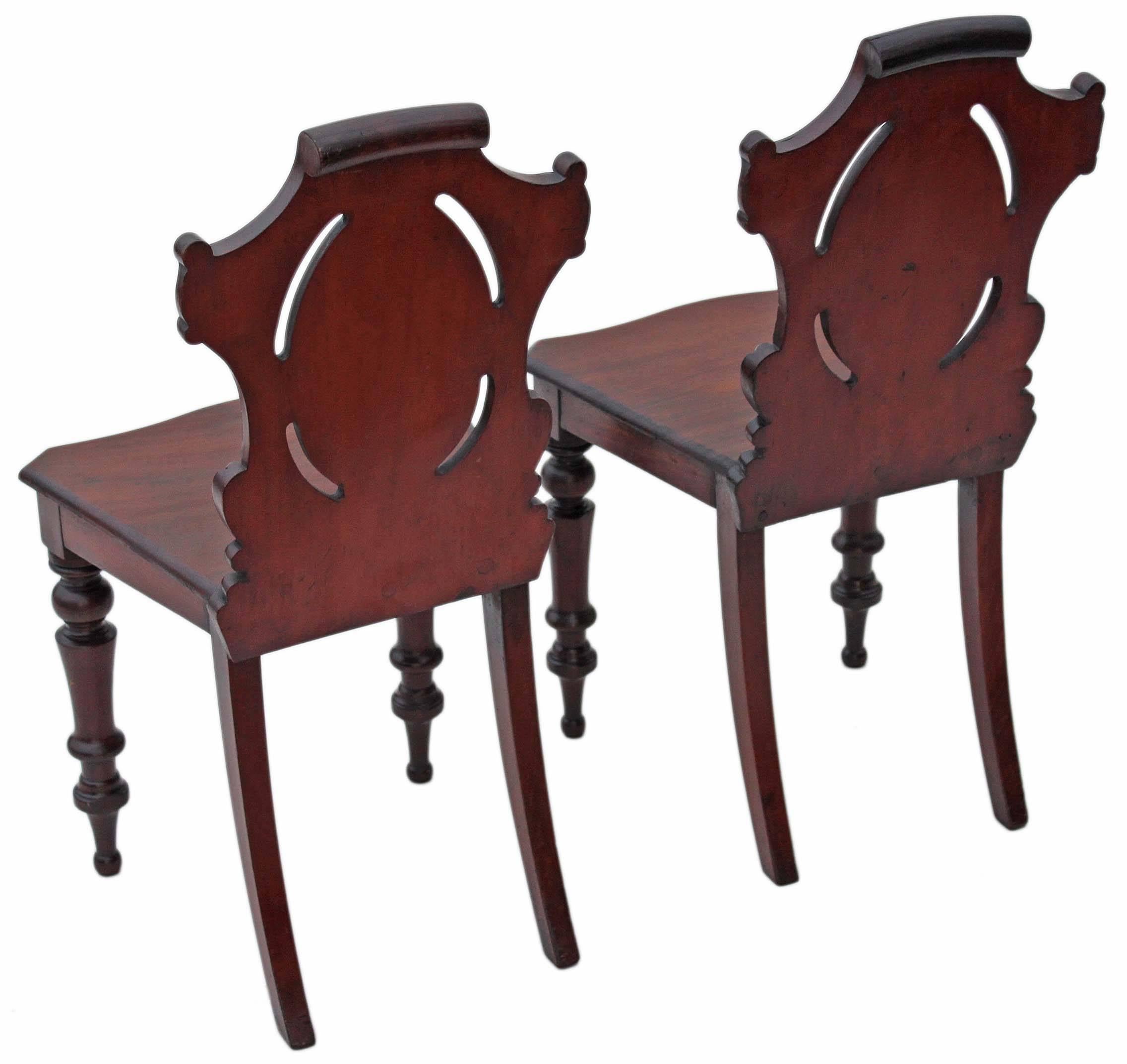 British Antique Pair of 19th Century Victorian Carved Mahogany Hall Side Bedroom Chairs For Sale