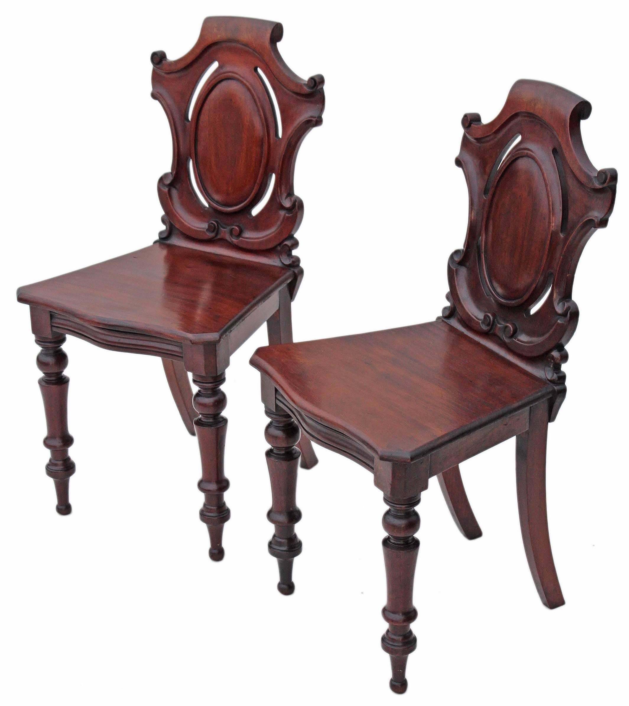 Antique Pair of 19th Century Victorian Carved Mahogany Hall Side Bedroom Chairs For Sale 1