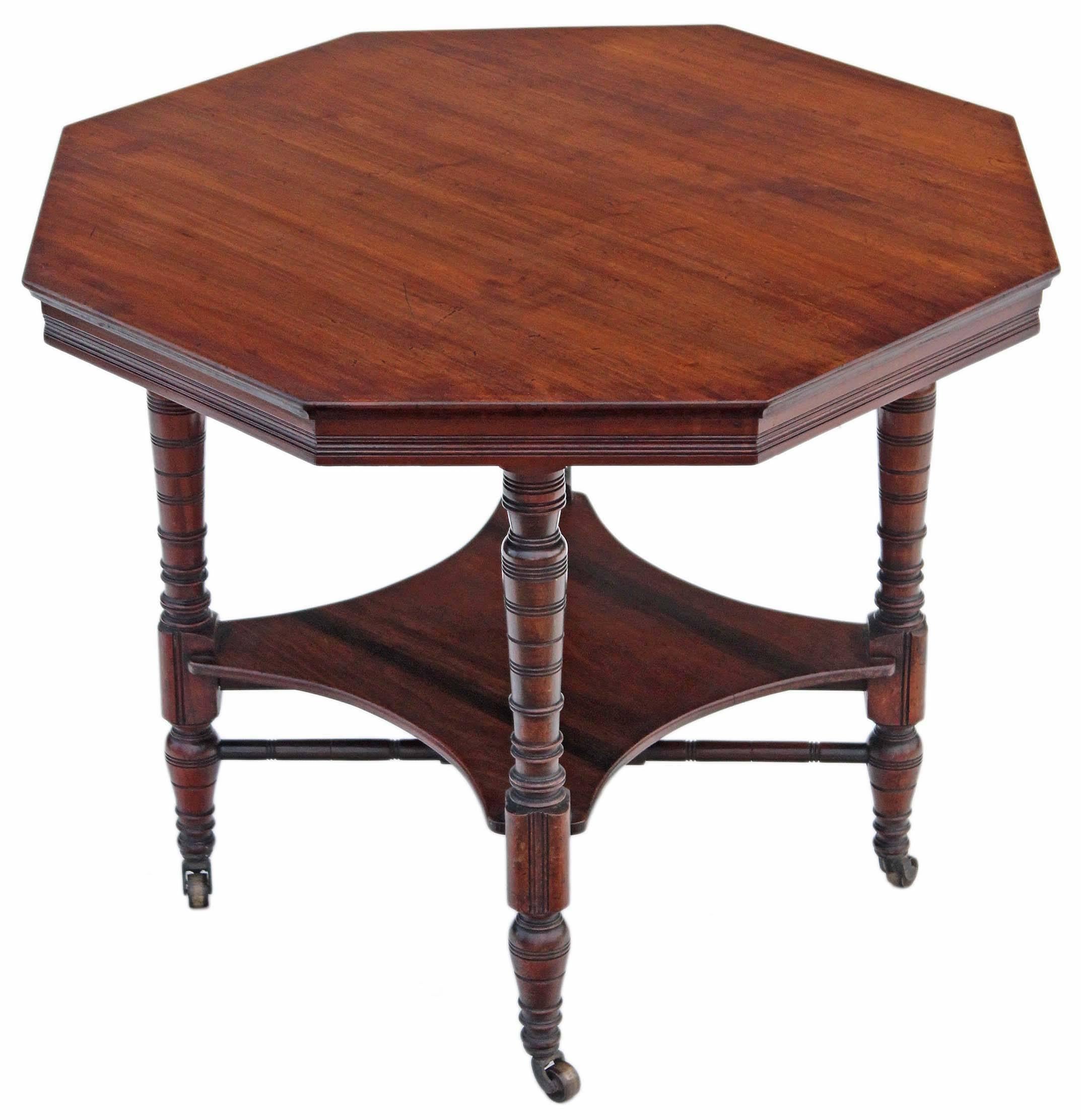 Antique Victorian walnut octagonal centre window side occasional or loo table.

A lovely table, that is full of age, charm and character.

This is a quality, well-made piece, with an attractively shaped under-tier.

Wonderful color and